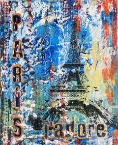Paris, j'adore ! avec la Tour Eiffel, peinture, acrylique sur toile