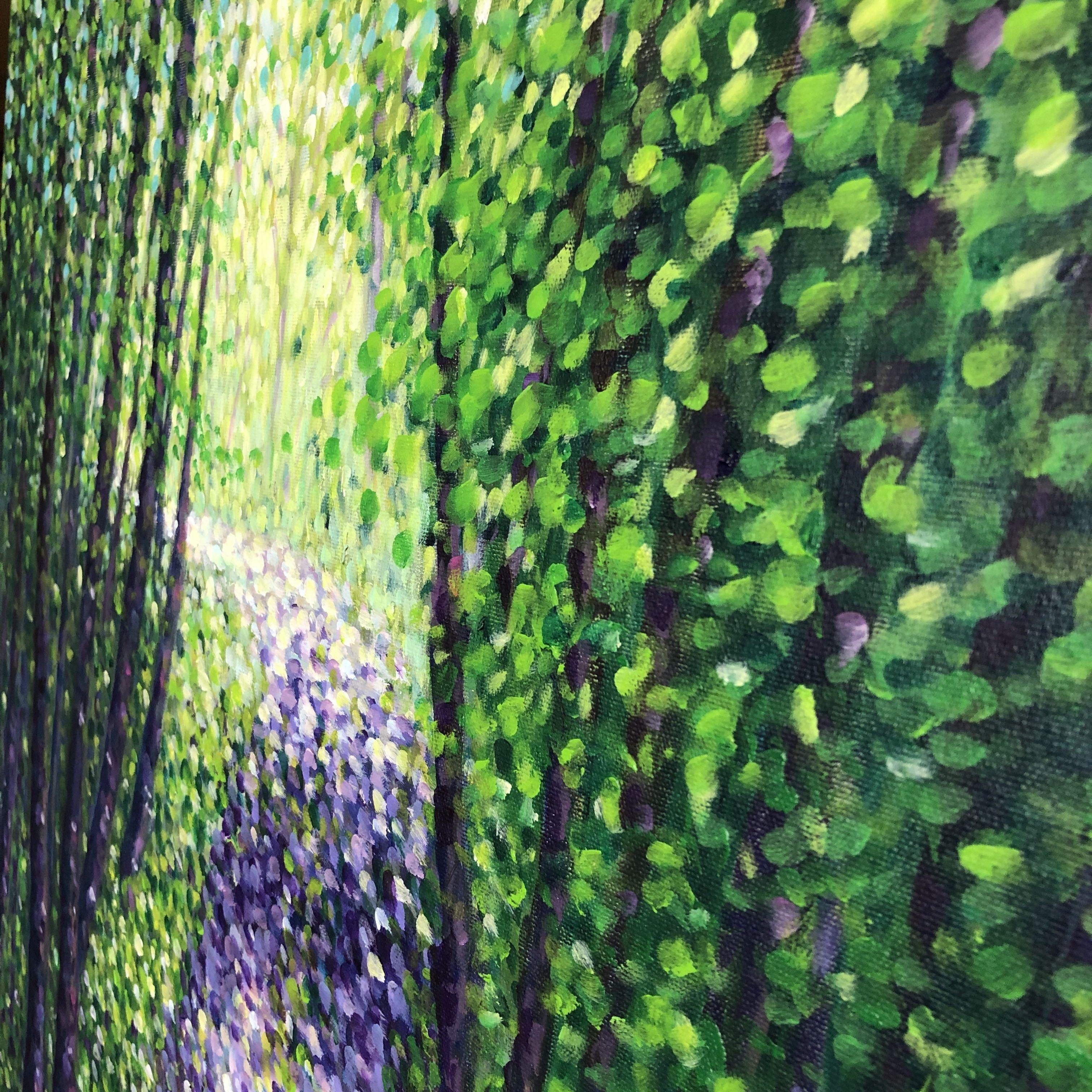 Path in the Green Forest    The inspiration for this original painting came from a trek made by the artist this Summer somewhere in Quebec, Canada. These trees, the sunlight filtered through the foliage, the shade from the trees on the path...