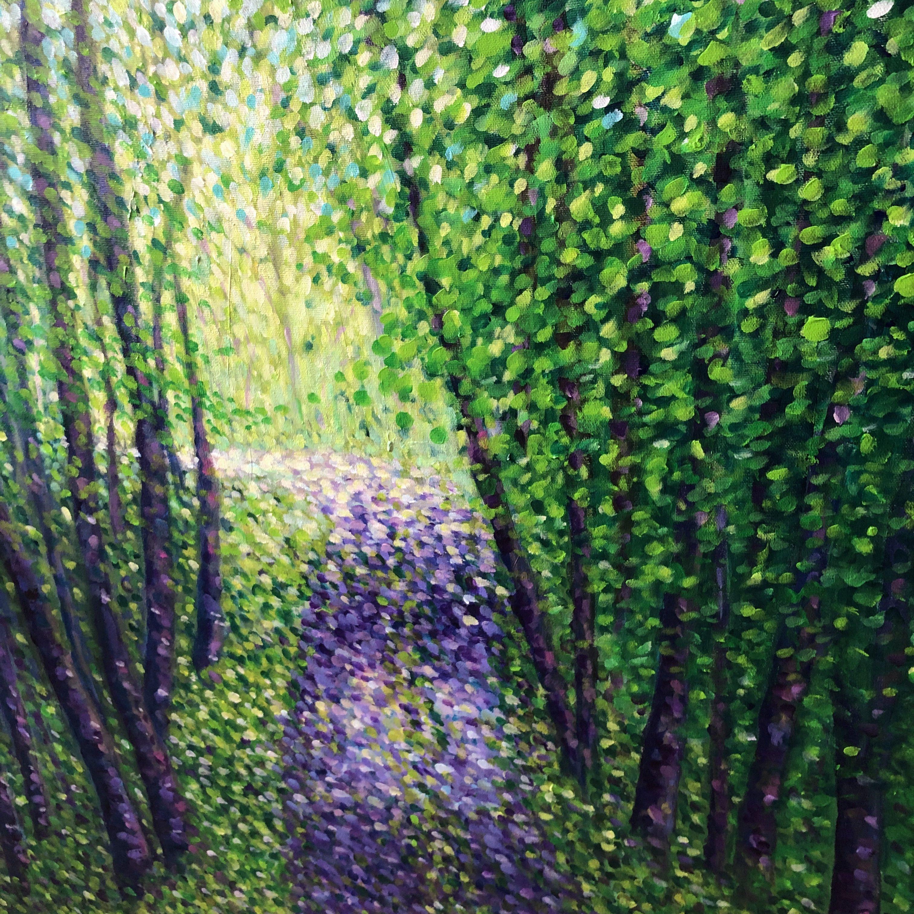 Path in the Green Forest, Painting, Acrylic on Canvas For Sale 3