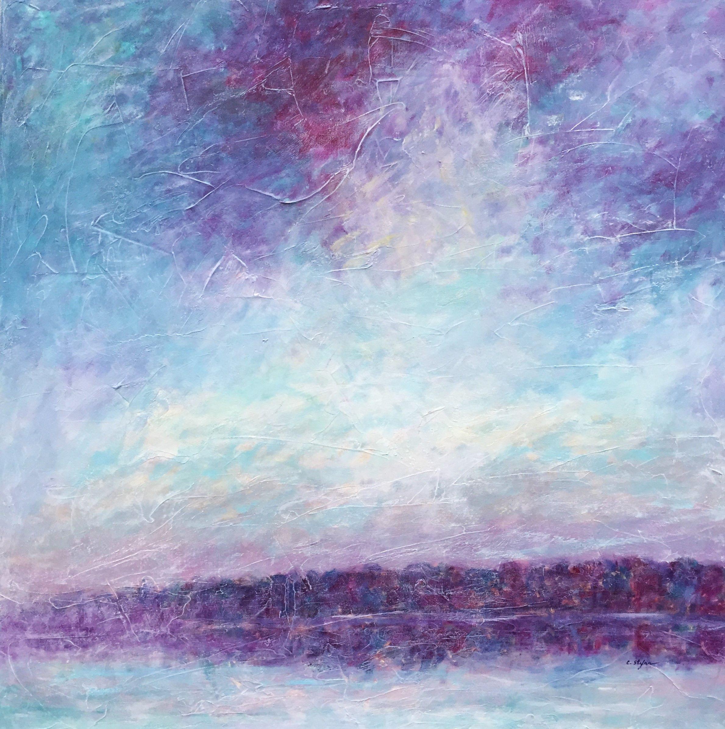 Coucher de soleil violet, peinture, acrylique sur toile en vente 1