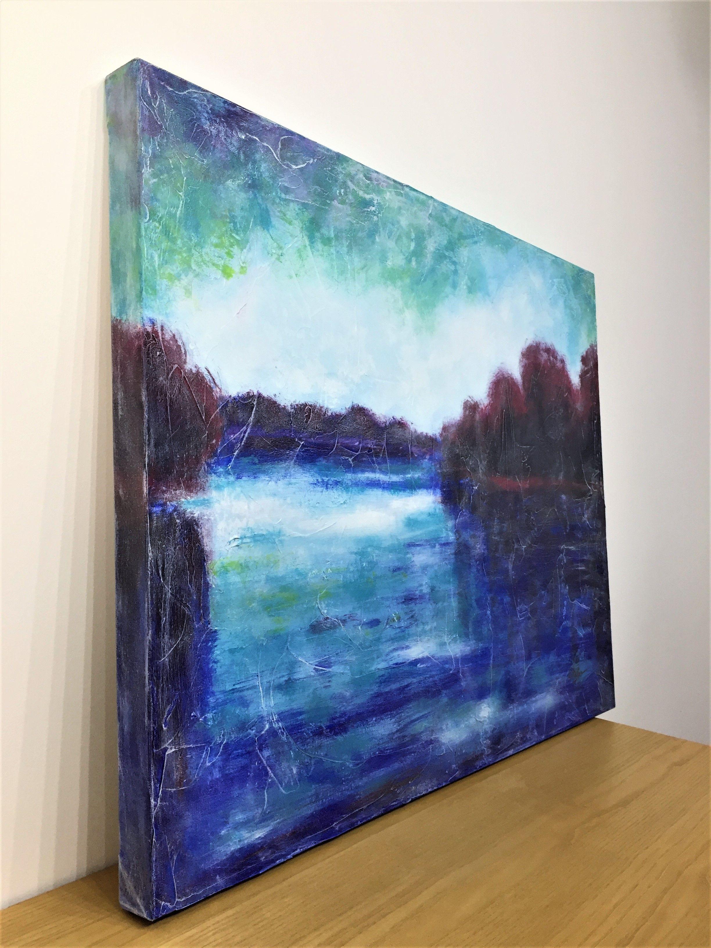Reflection by the lake    Moments of the last days of October ...  Contemporary landscape with impressionistic influences, made with contrasting colors of purple, blue and turquoise. Rich texture. Clouds and trees reflecting in the water.   The