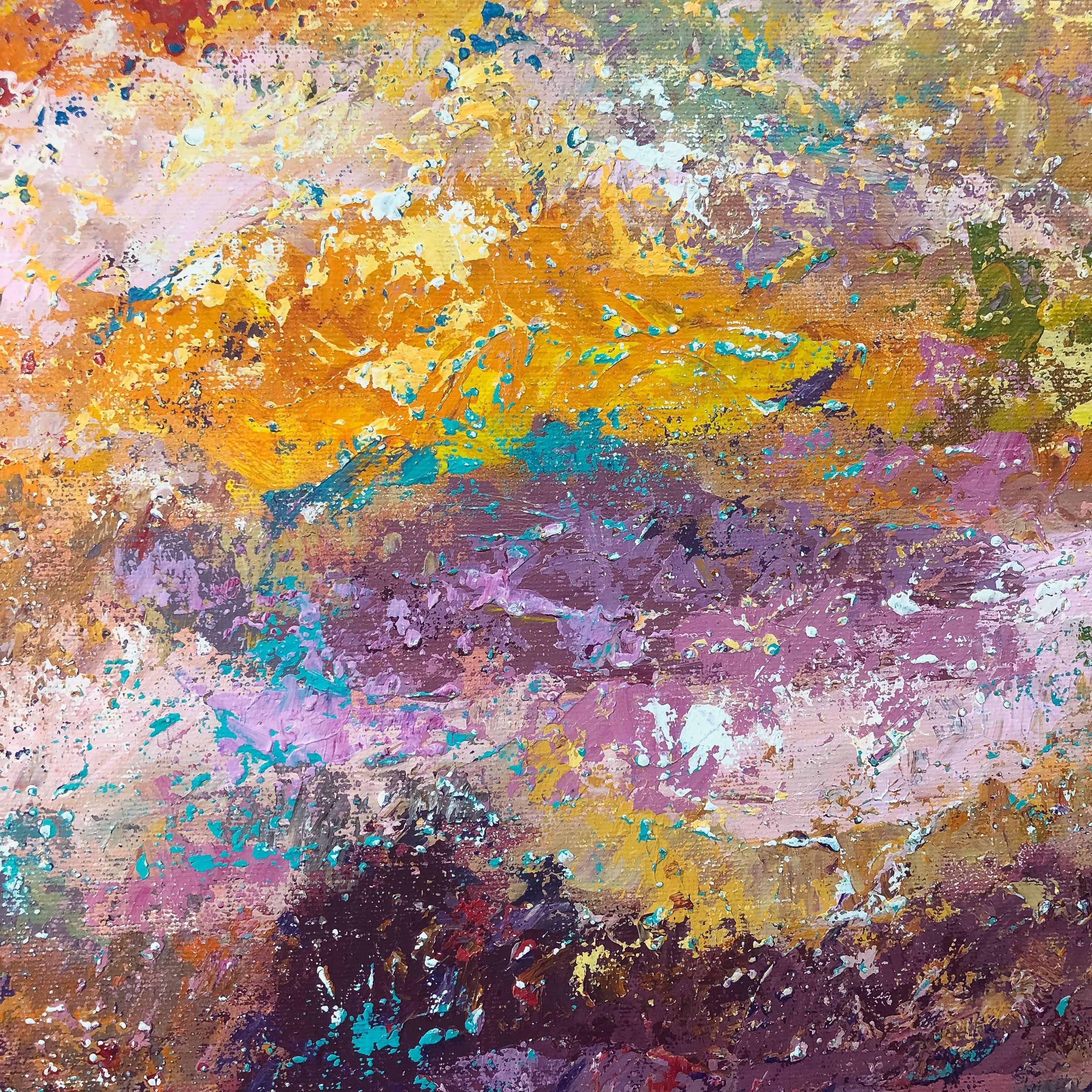 Paysage marin au coucher du soleil en Espagne, peinture, acrylique sur toile - Impressionnisme Painting par Cristina Stefan