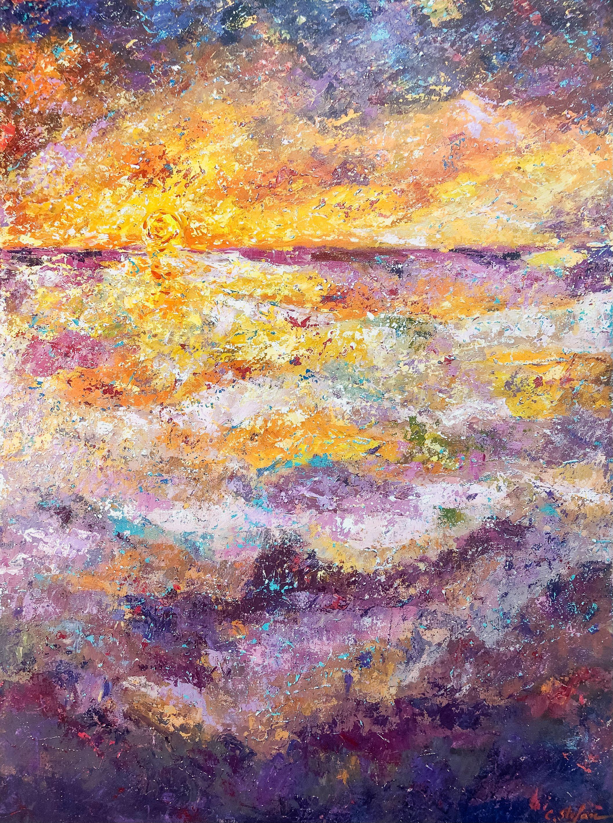 Paysage marin au coucher du soleil en Espagne, peinture, acrylique sur toile - Painting de Cristina Stefan