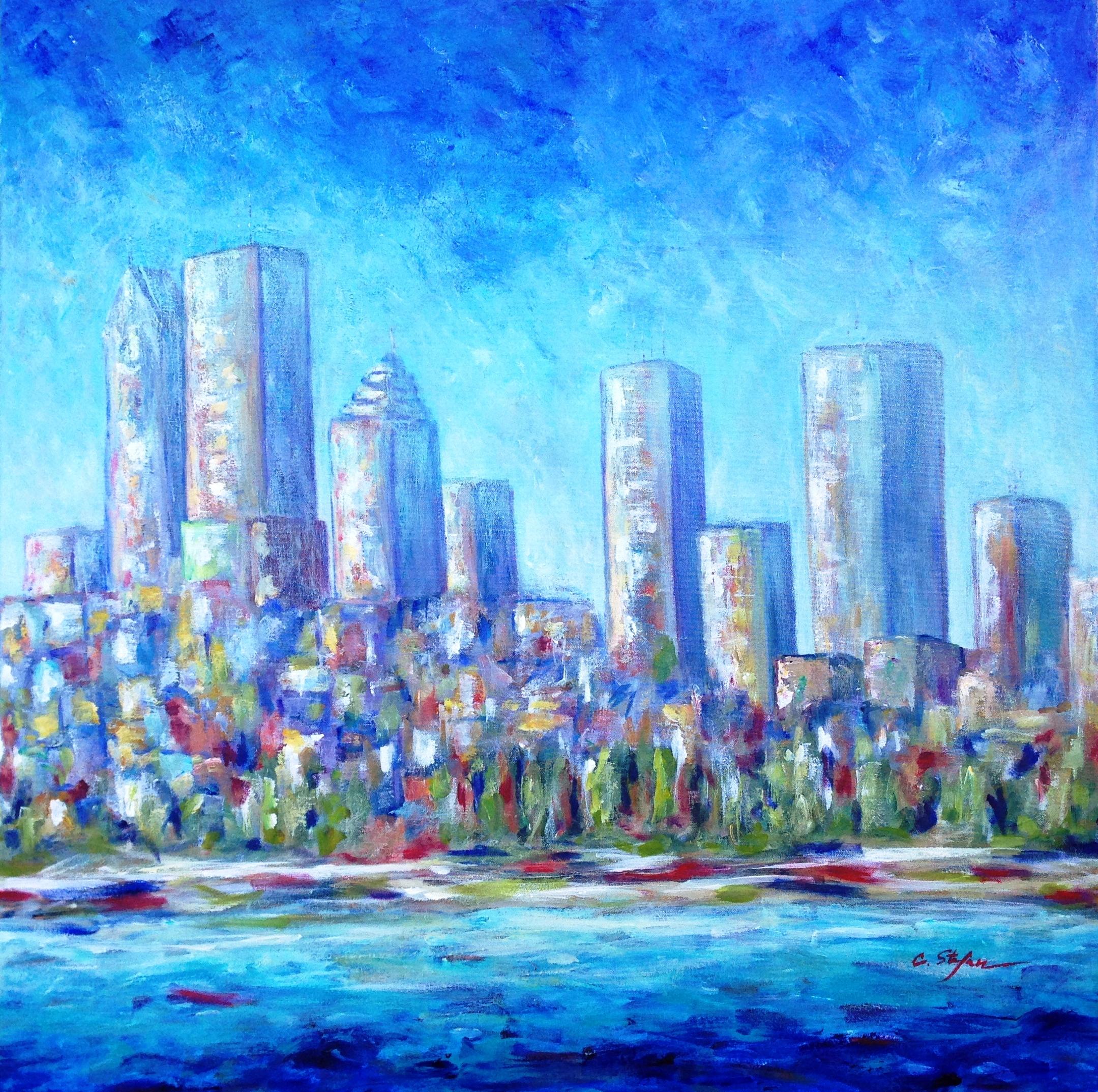 Rascacielos en Montreal - Paisaje urbano, Pintura, Acrílico sobre lienzo - Painting de Cristina Stefan