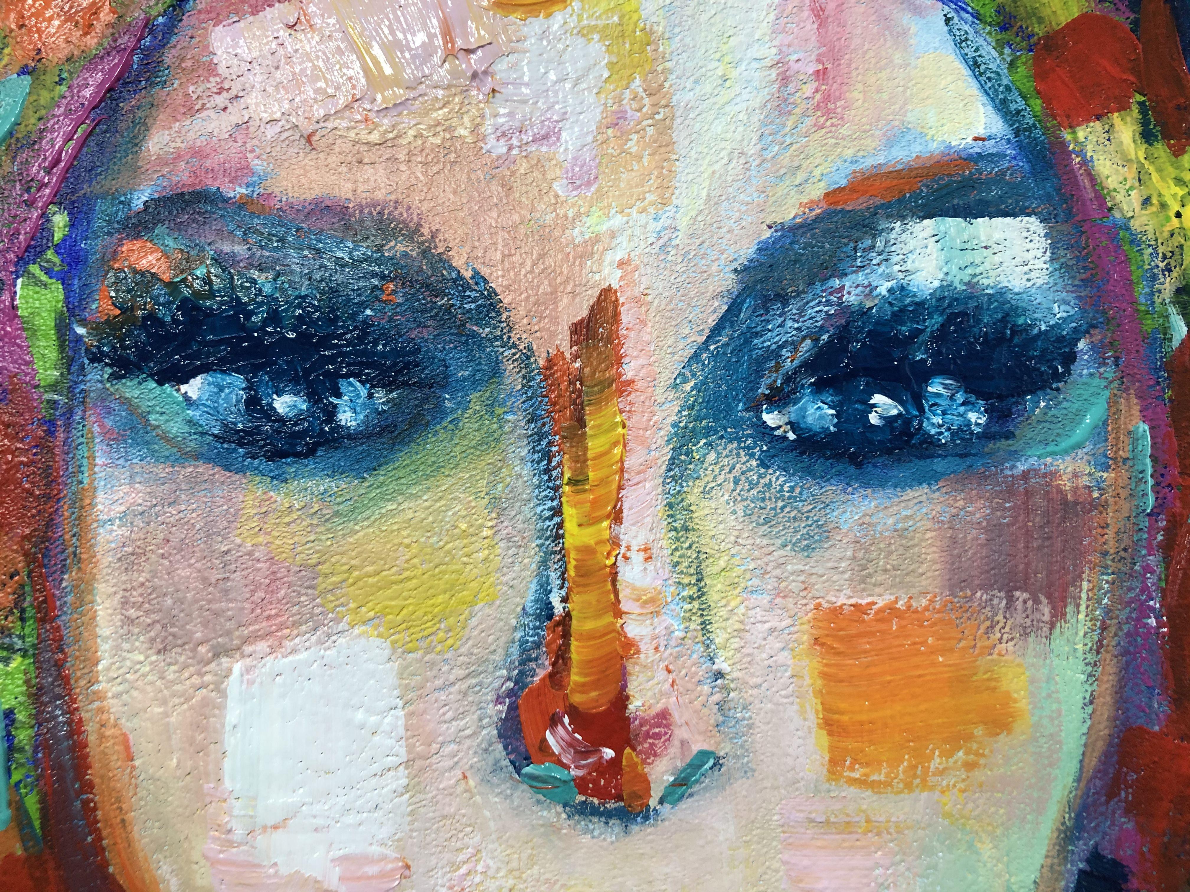 Sunburn - portrait of a woman at the beach.    This portrait of the woman is made in acrylic on unstretched canvas and will be sent to the collector, rolled in a tube.  This artwork can be framed as is with a rigid backing (cardboard, wood etc ...)