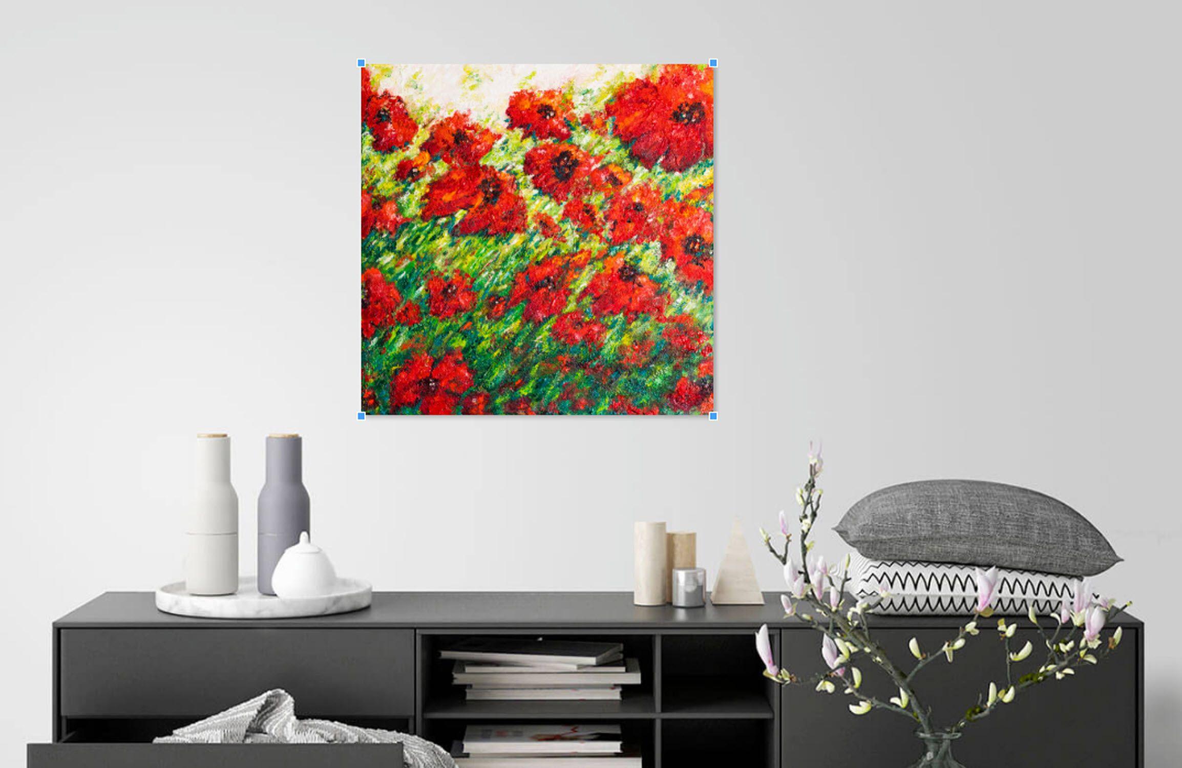 The red poppies of Spain    The painting is inspired by the poppies field of Catalunya, a beautiful region of Spain.    This impressionistic painting has been creating by using a rich texture of acrylic base and then by applying a thick layer of oil