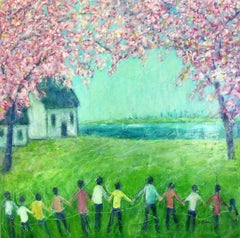 Together under the cherry blossoms, Painting, Acrylic on Canvas