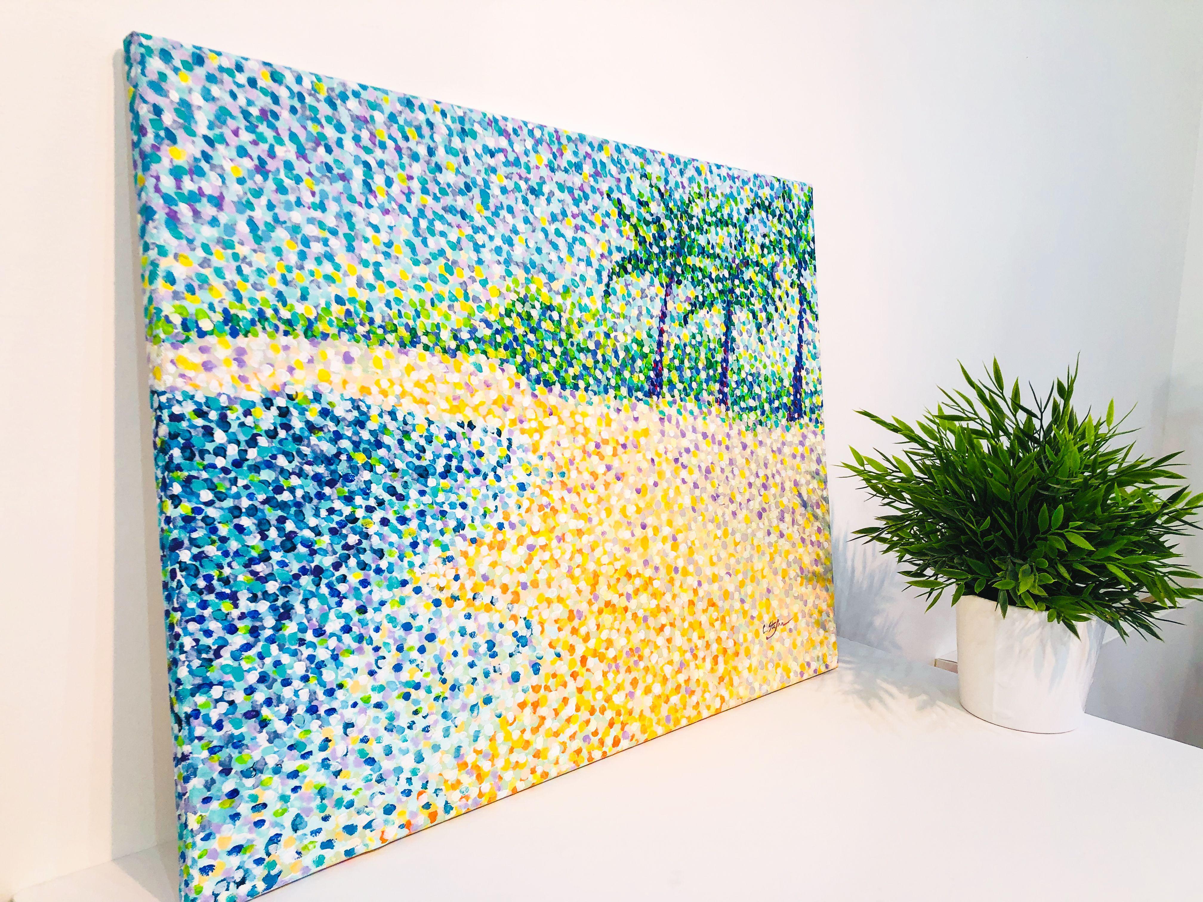 This original seascape painting of a Tropical beach has been realized in the impressionist technique - the pointillism. Thousand of dots are composing this unique painting and a multiple palette of colors and shades.    Acrylic on canvas.     The