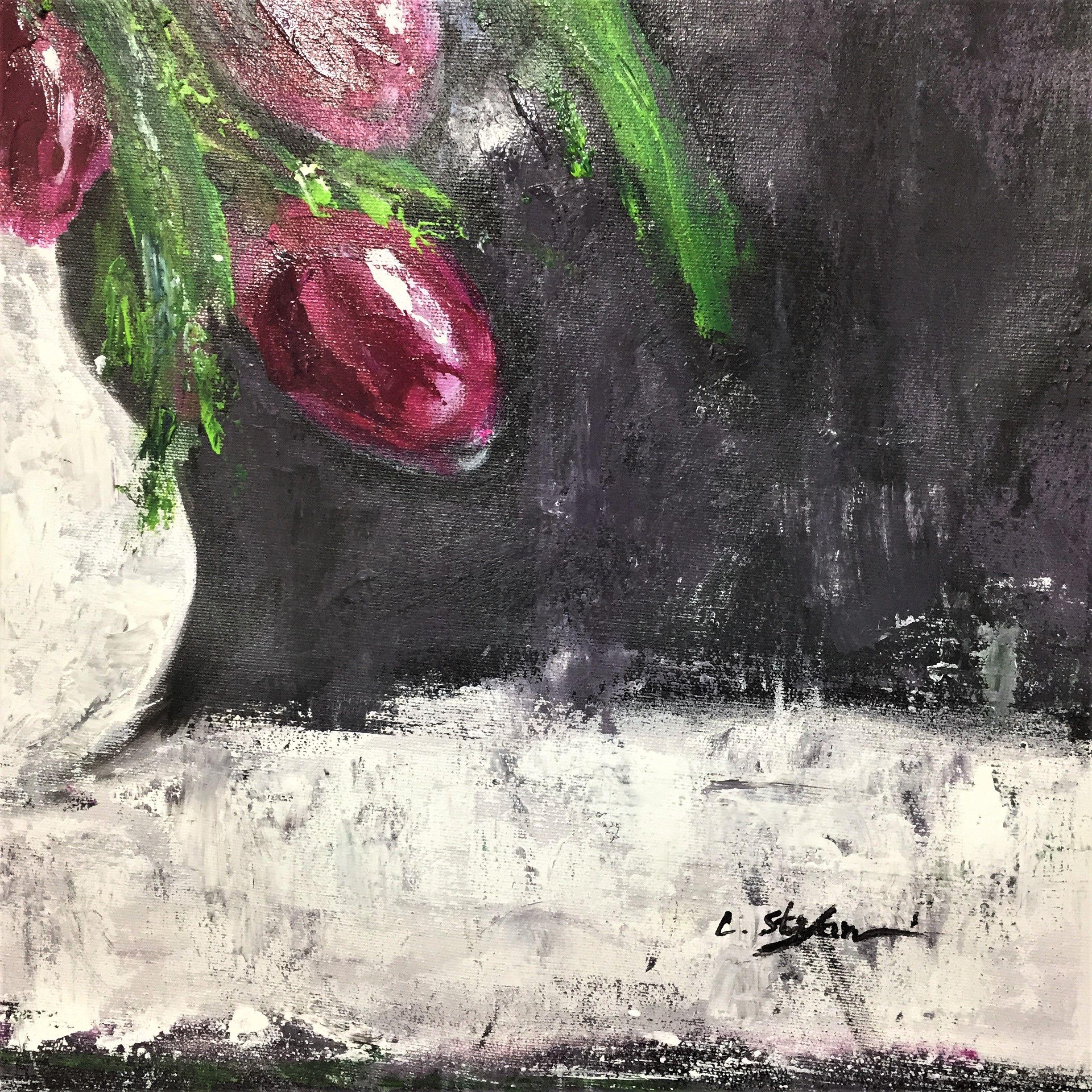 Peinture, acrylique sur toile, tulipes dans un vase - Impressionnisme Painting par Cristina Stefan
