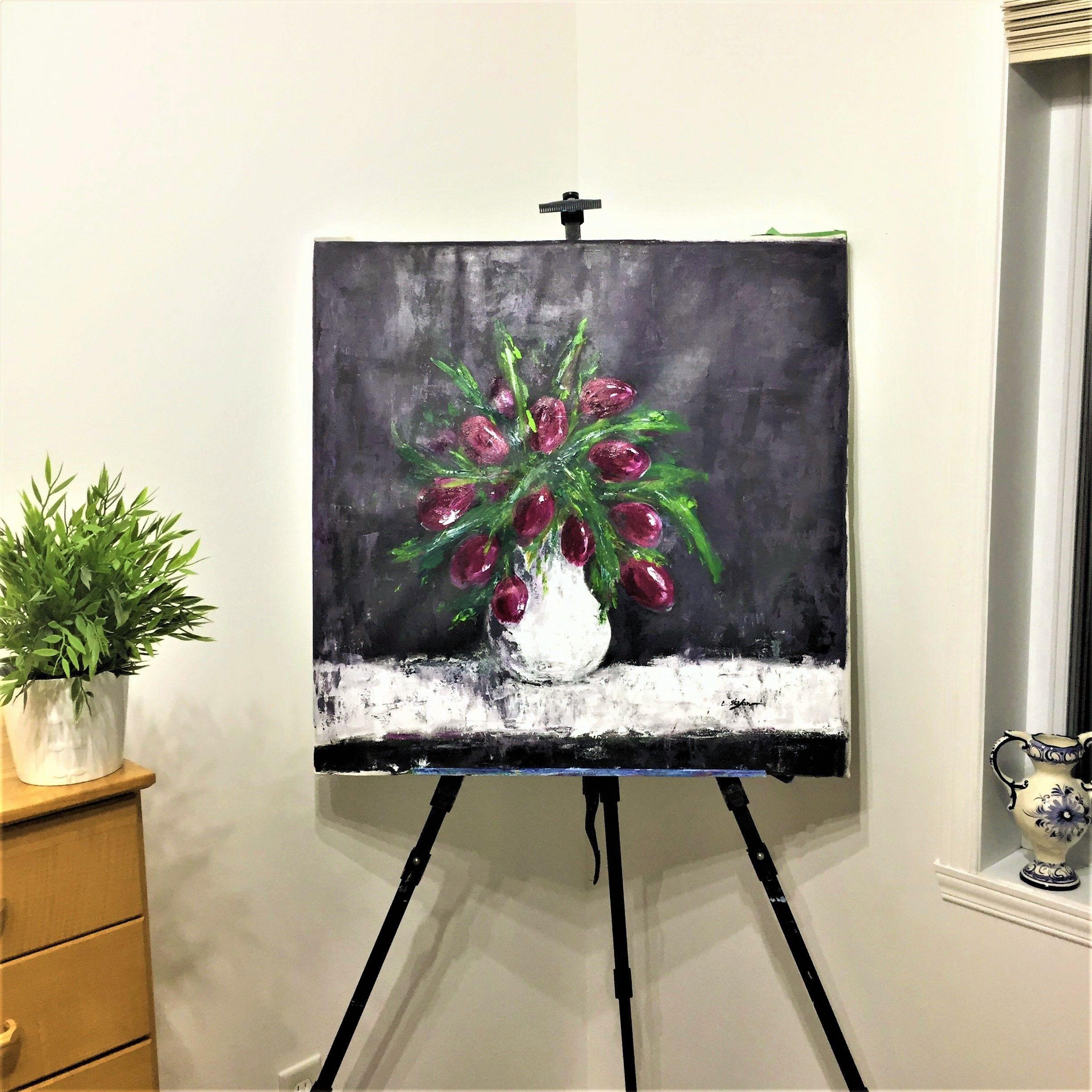 Peinture, acrylique sur toile, tulipes dans un vase en vente 1