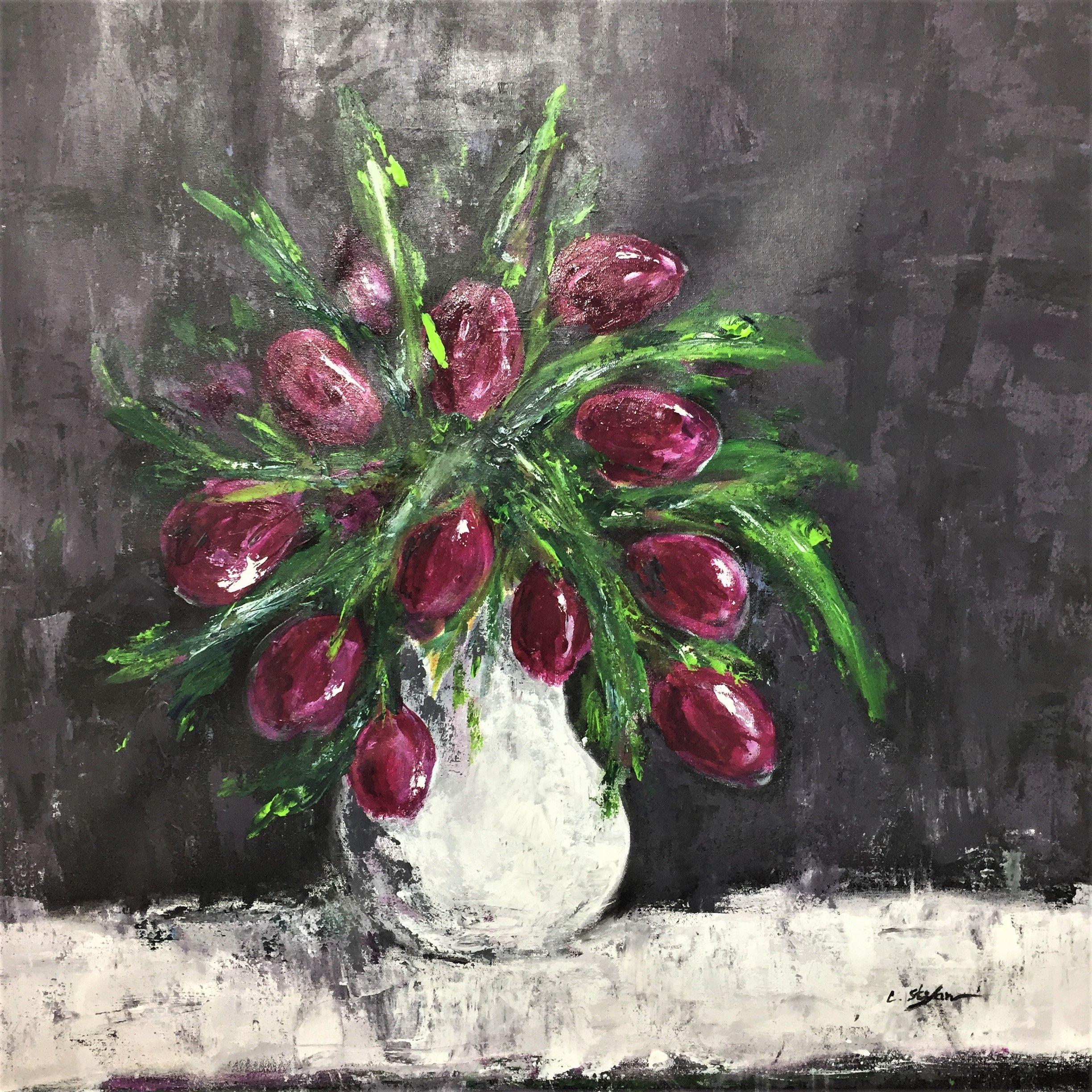Peinture, acrylique sur toile, tulipes dans un vase - Painting de Cristina Stefan