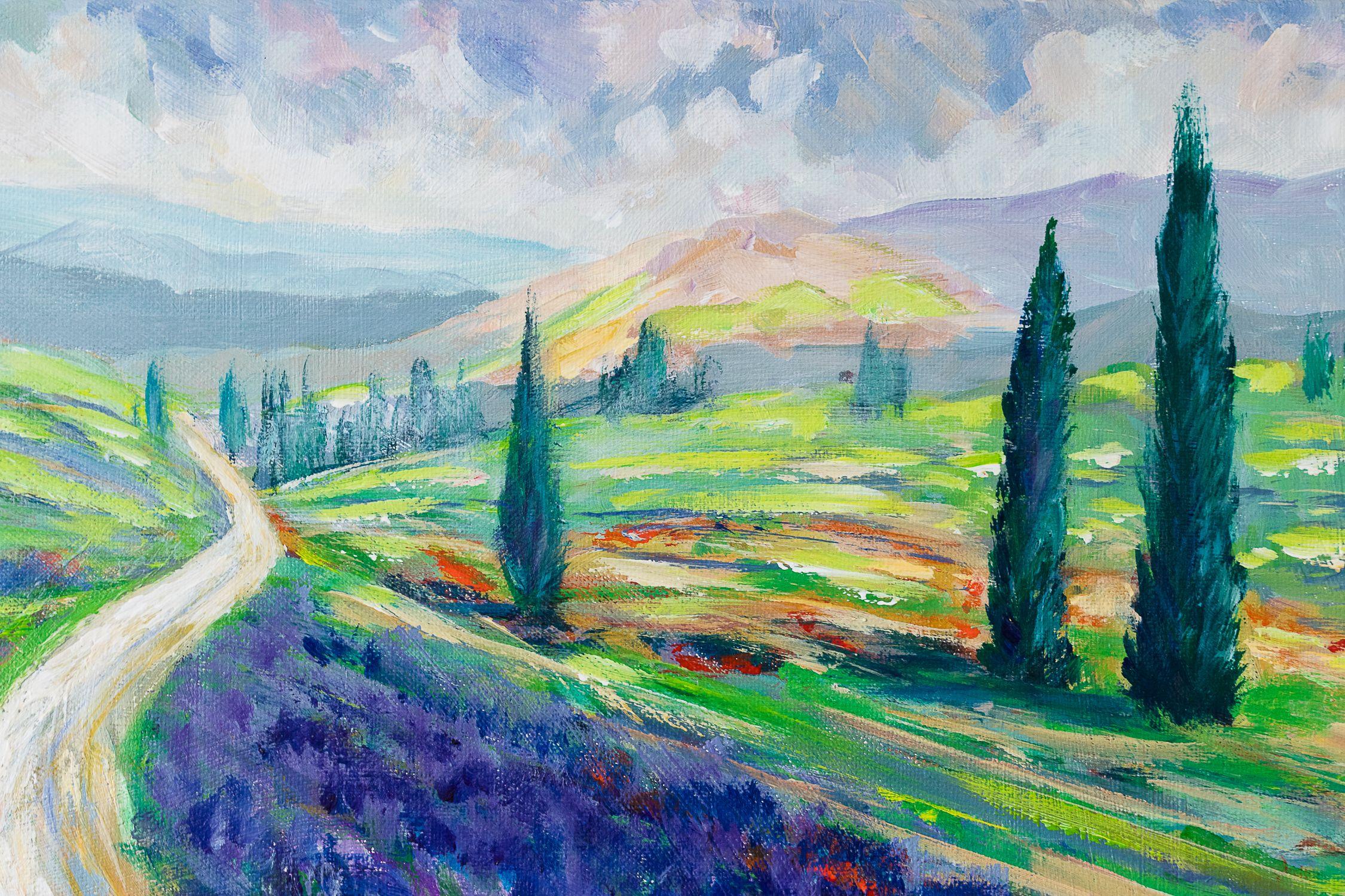 Il mulino a vento tra campi di papaveri e lavanda    Quadro impressionista realizzato con acrilico su tela tesa.    Il mulino a vento situato sul ciglio di una strada di campagna è circondato da campi di lavanda e papaveri rossi. Alcuni cipressi