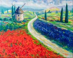 Windmill between fields of poppies and lavender, Painting, Acrylic on Canvas