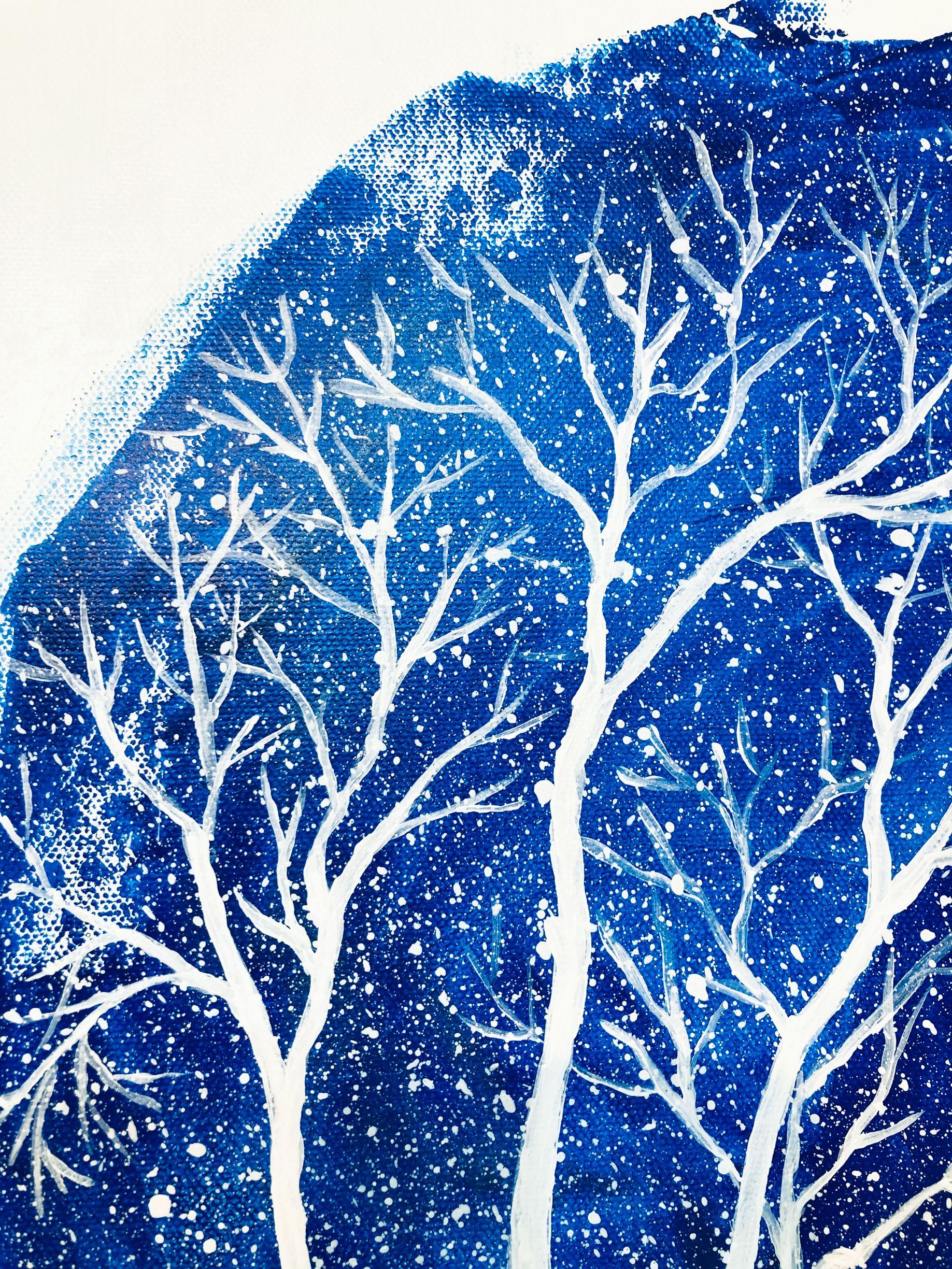 Winter night with tree    Trees - this is one of my favorite subjects. In this new series of paintings I honor the tree. To put the tree in evidence I paint it all White on a background where the blue and the metallic-gold coexist. I imagine the