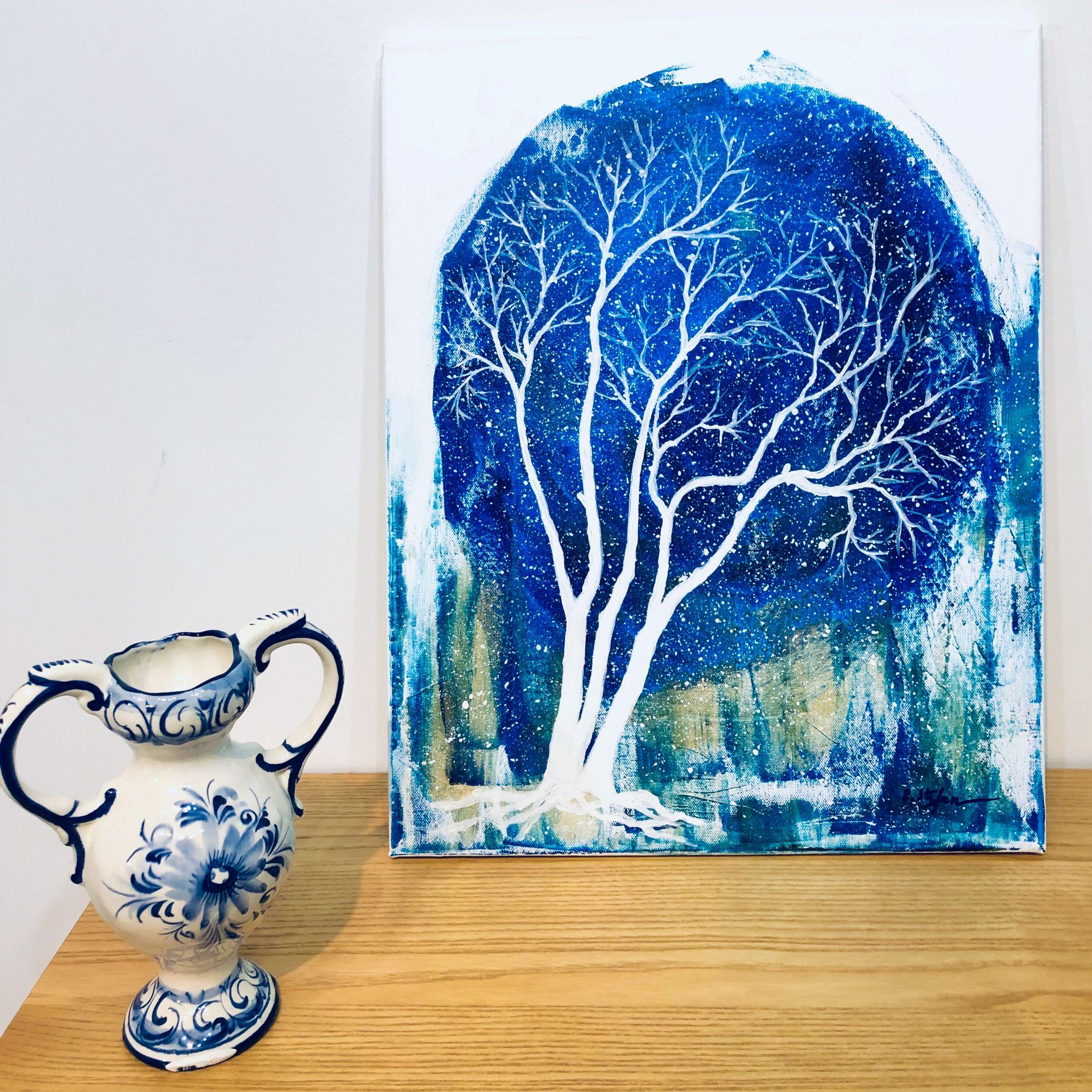 Winter night with tree, Painting, Acrylic on Canvas For Sale 1