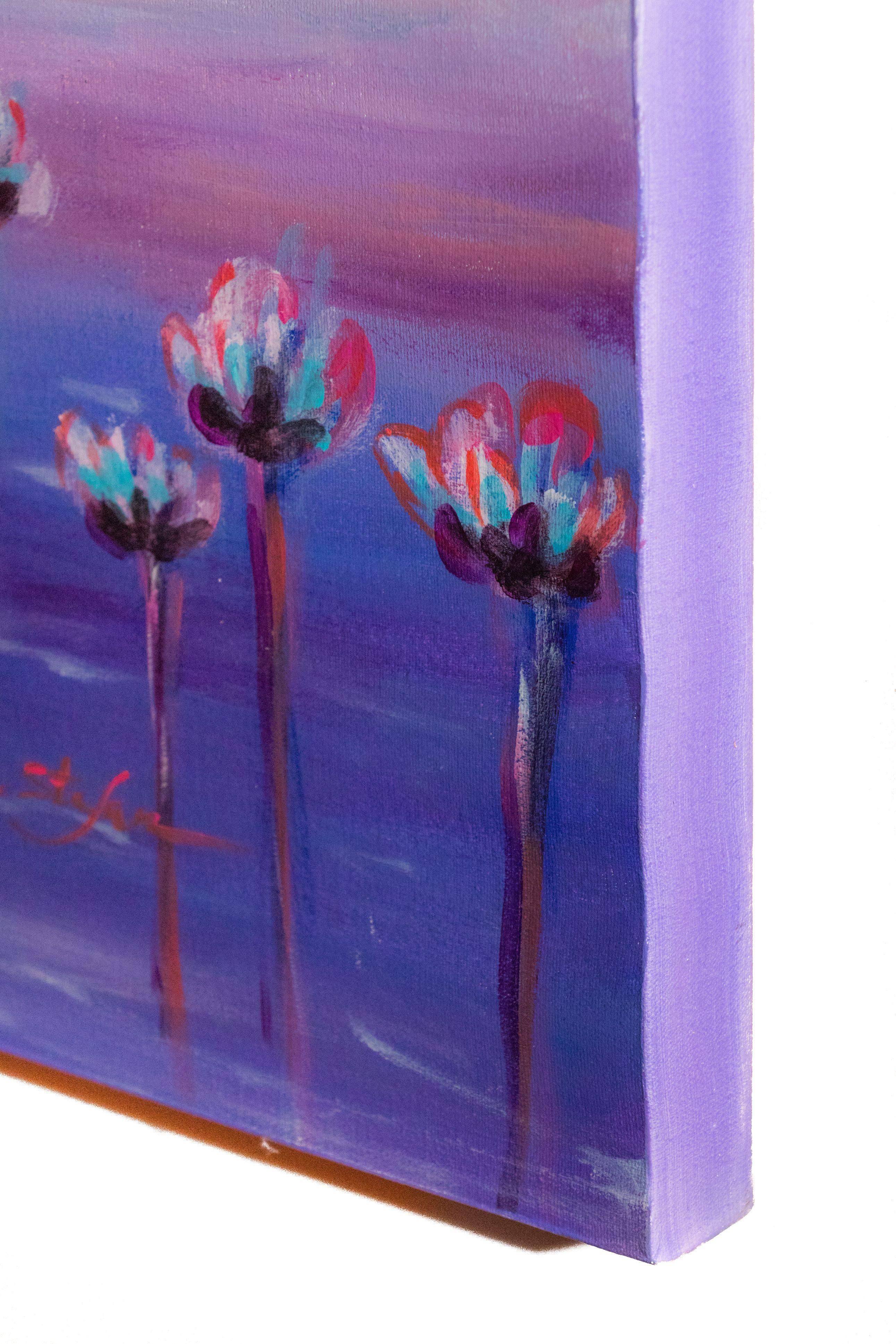 Femme avec des lys d'eau, peinture, acrylique sur toile en vente 2