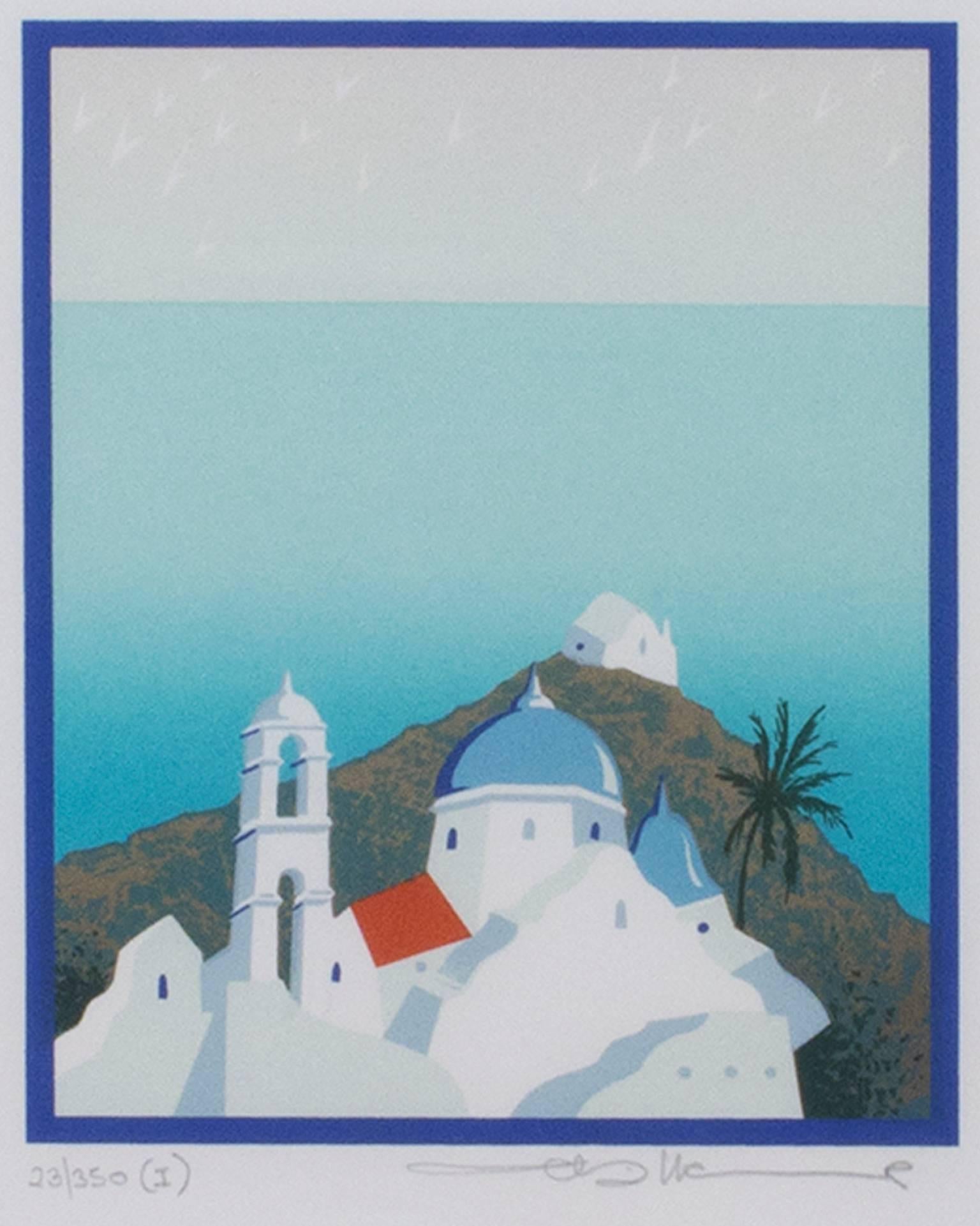 Cristina Villamor Landscape Print - Contemporary color screen print seascape ocean architectural buildings signed