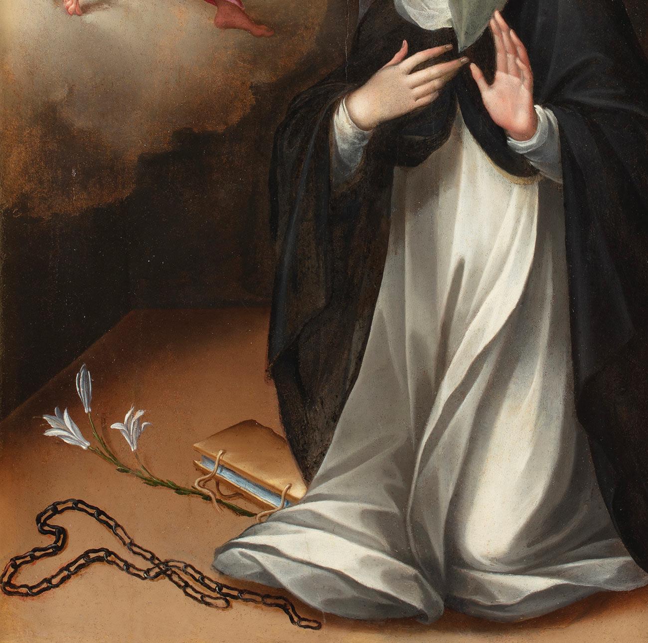 Cristofano Roncalli (Pomarance 1552 - Rome 1626)
Saint Catherine of Siena chooses the crown of thorns
oil on wood, cm. 101,5x59.5 - with frame cm. 120x76
Shaped, carved and sculpted wooden cassetta frame, partly gilded and partly ebonized