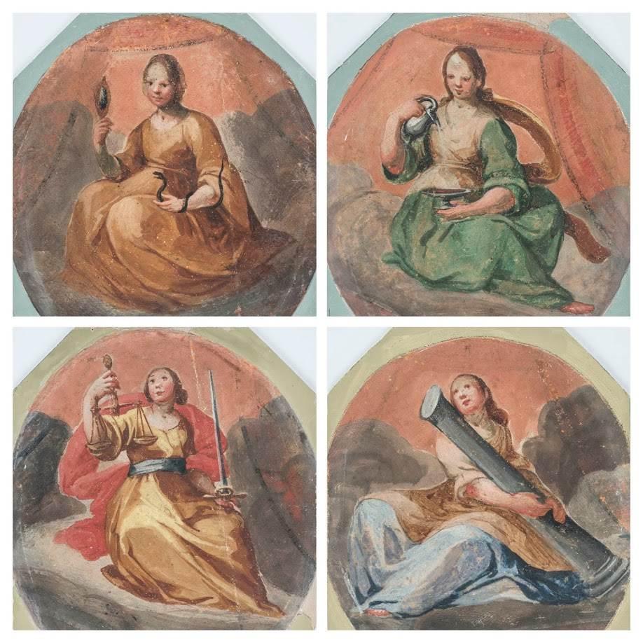 Cristofano Rustici Figurative Painting - Quattro Virtù Cardinali tempera su tela, arte manierista toscana del XVI secolo