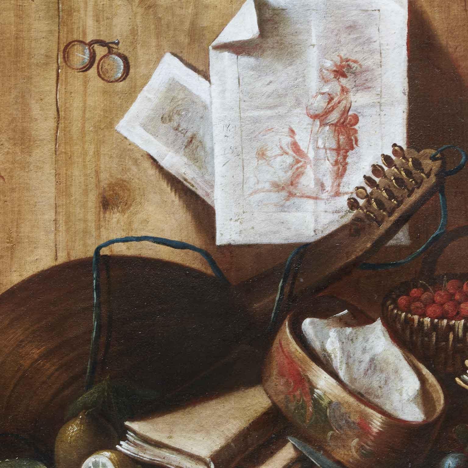 Pair of Nature Morte Trompe L'oeil Italian Baroque Early 18th Century For Sale 6