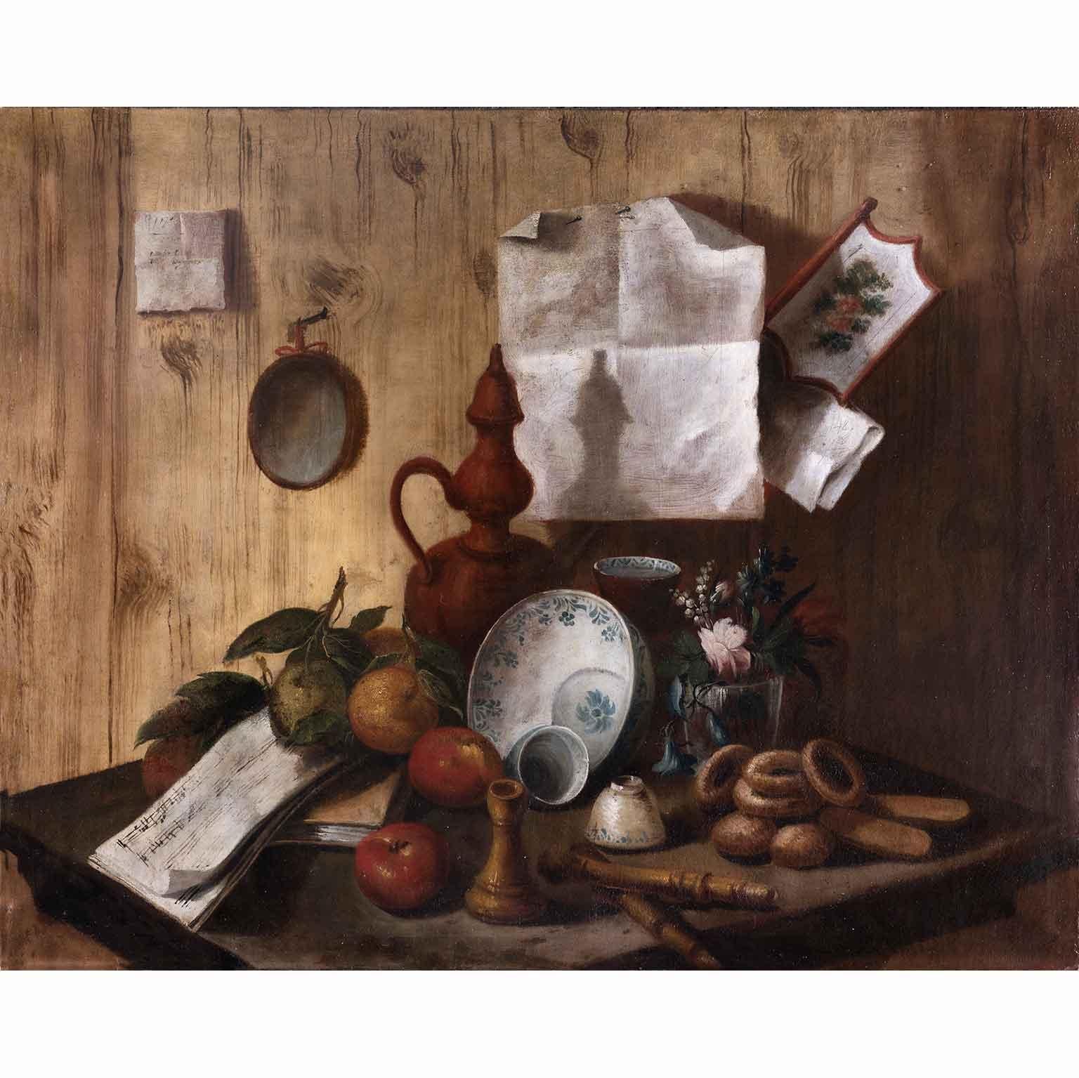 Pair of Nature Morte Trompe L'oeil Italian Baroque Early 18th Century - Brown Still-Life Painting by Cristoforo Munari