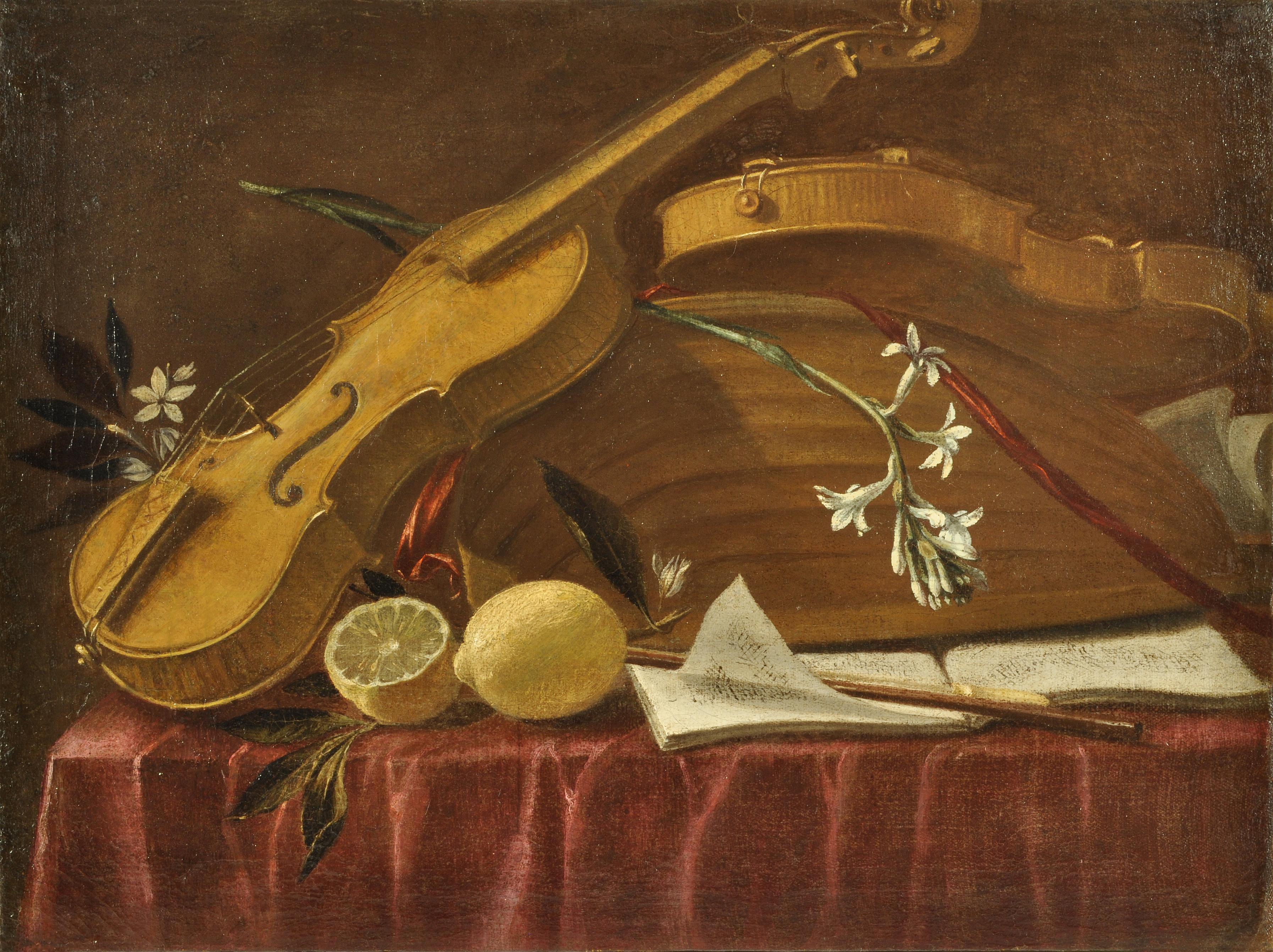 Vier Stillleben mit Musikinstrumenten (Alte Meister), Painting, von Cristoforo Munari