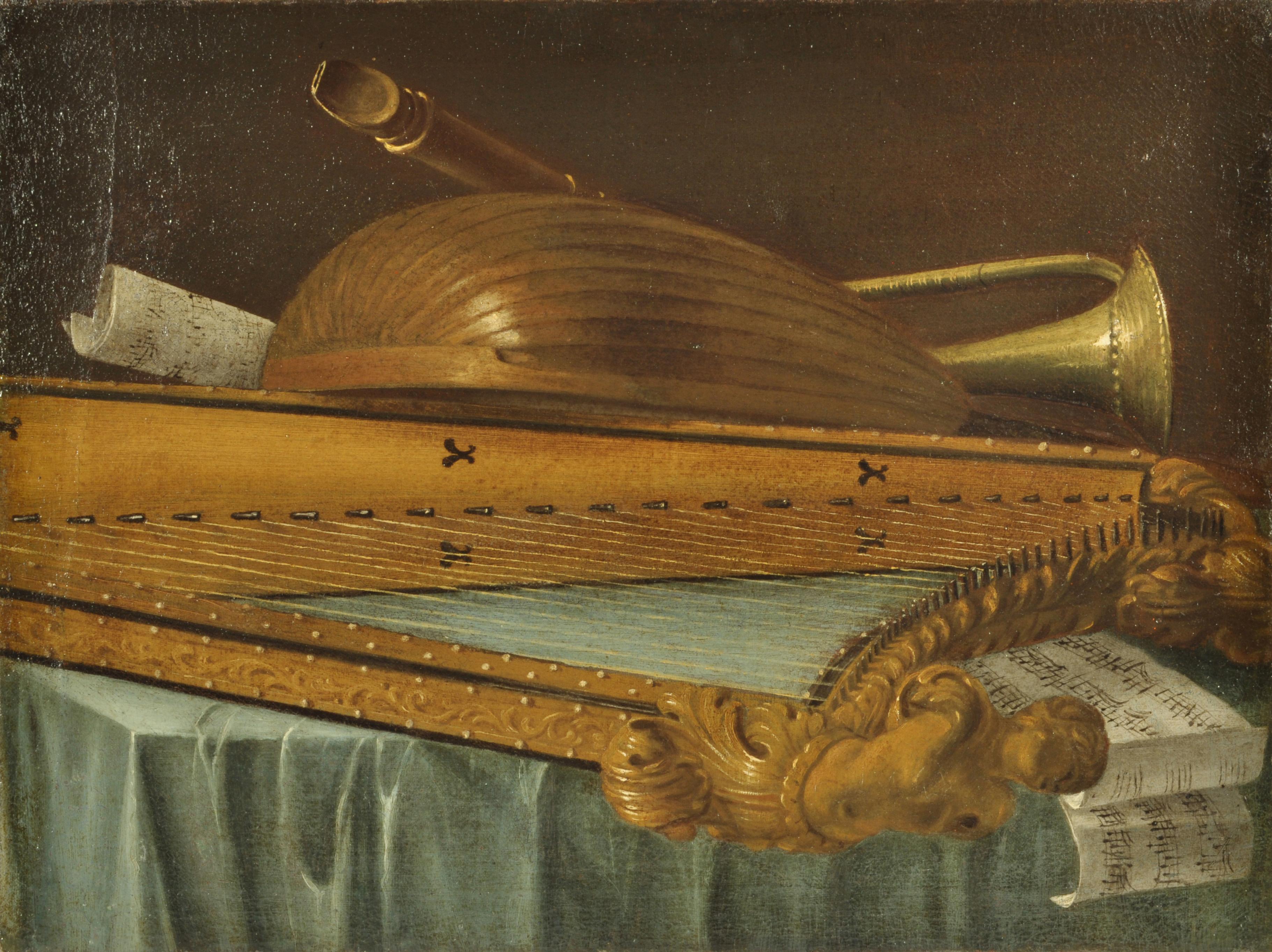 Cristoforo Munari (Reggio Emilia, 1667 - Piva, 1720)
and workshop

“Cello, two lutes, small apples and sheet music”, 52x69 cm
“Guitar, mandola, jug, peaches and score”, 51x68 cm
“Still life with harp, lute, trumpet, flute and score”, 52x69