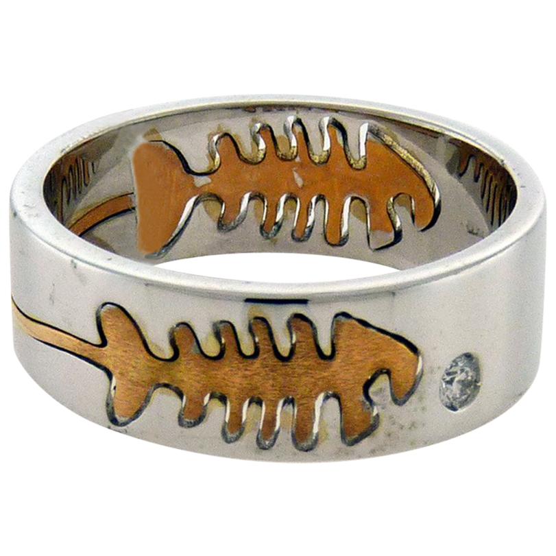 Crivelli 18 Karat Gold Diamond Fish-Bone Ring For Sale
