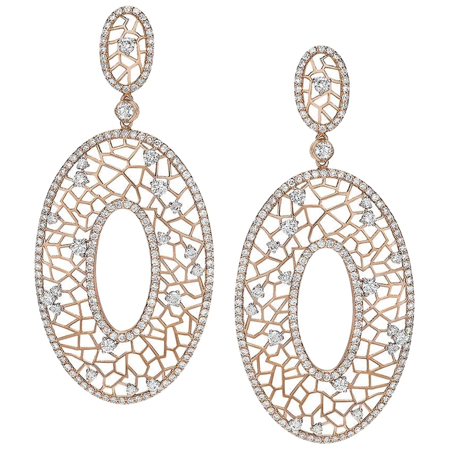 Crivelli 18 Karat Rose Gold Oval Pendant Drop Earrings with 4.91 Carat Diamonds