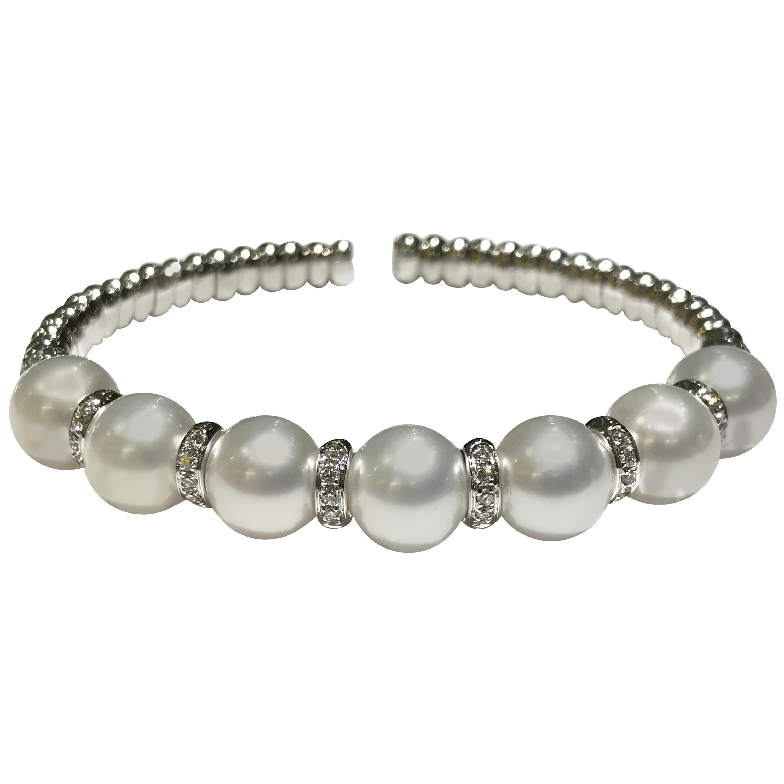 Crivelli 18 Karat White Gold Bangle with Pearls and Diamonds For Sale