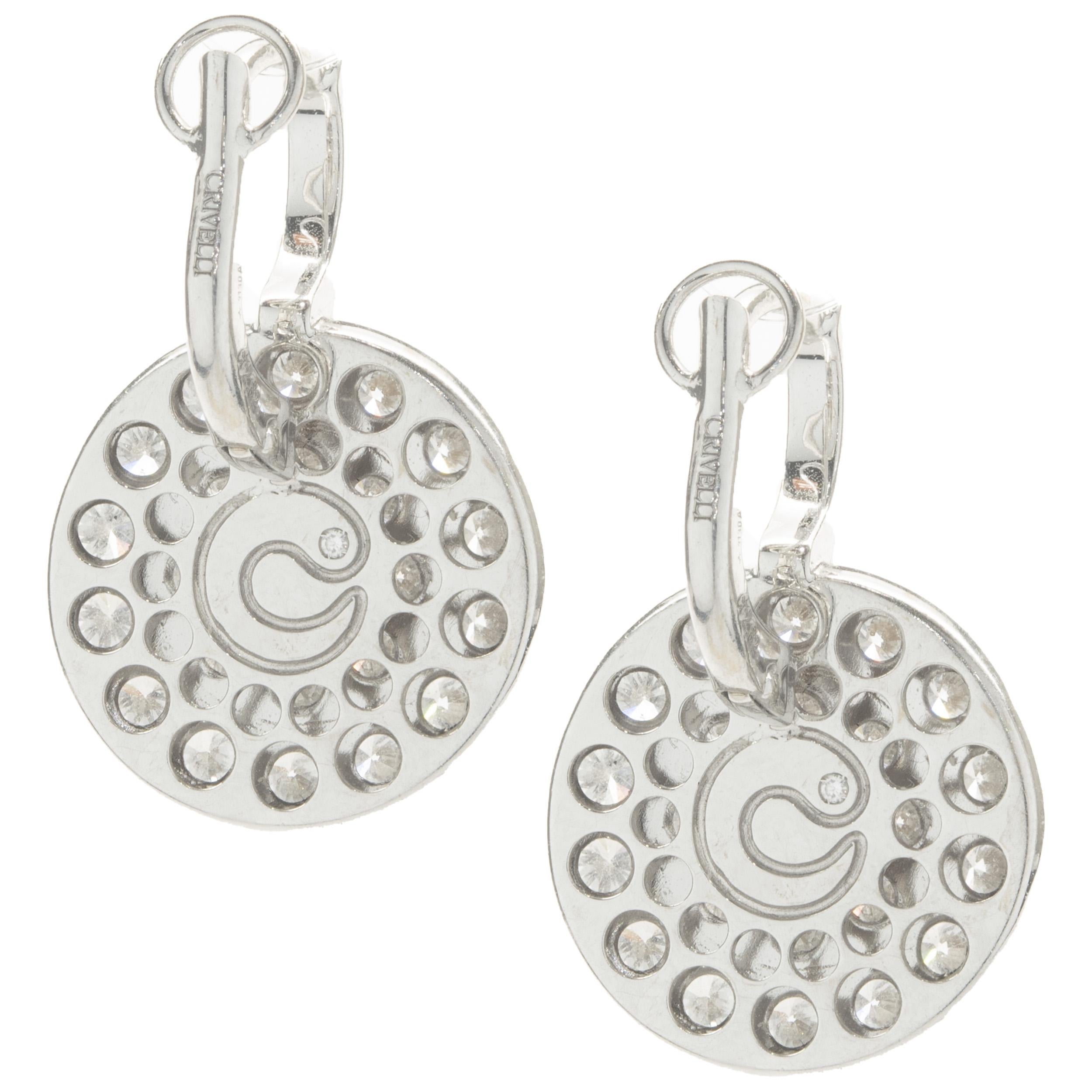 Designer: Crivelli
Material: 18K white gold
Diamond: 58 round brilliant cut = 3.38cttw
Color: G
Clarity: VS2
Weight: 5.36 grams
Dimensions: earrings measure 23.5 X 15.25mm