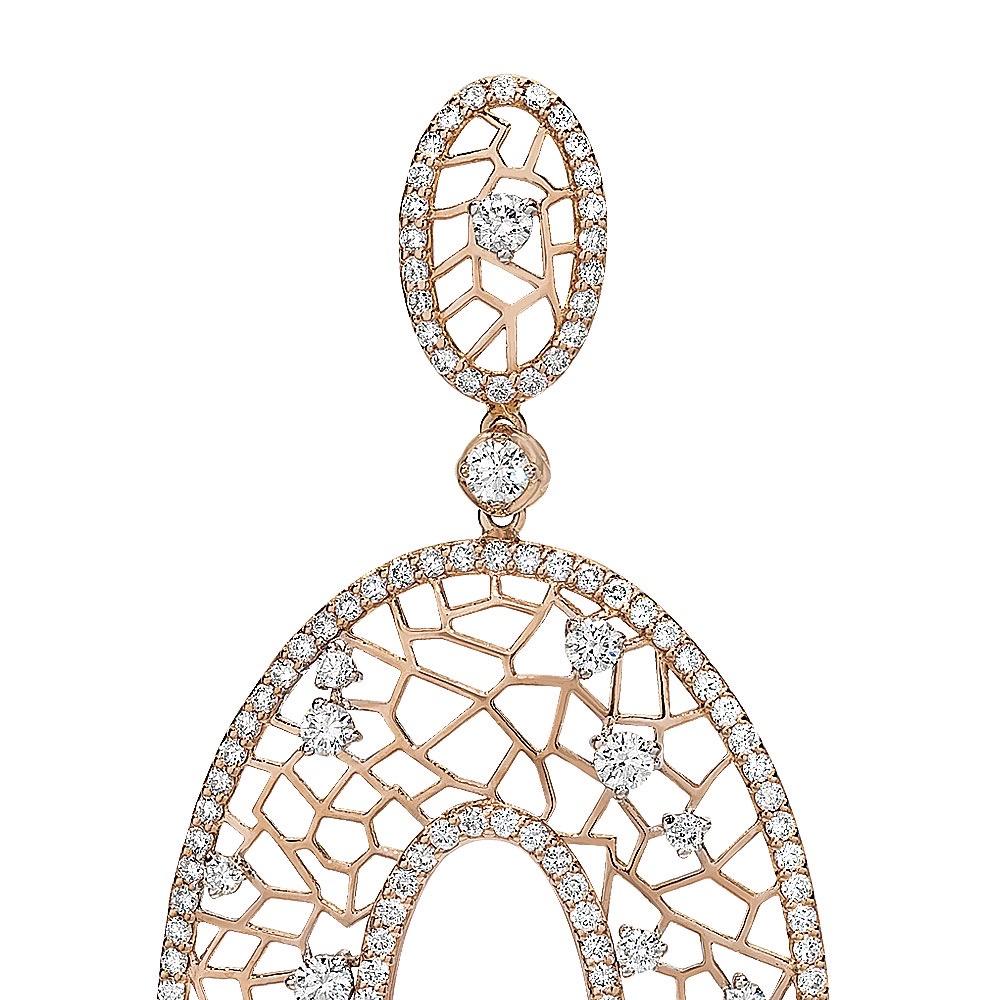 Oval pendant drop earrings in openwork 18-karat rose gold sprinkled with round brilliant-cut diamonds and edged with brilliant diamond pavé. The earrings have a post and clip back but can be adjusted to clip on earrings. They are 2.75
