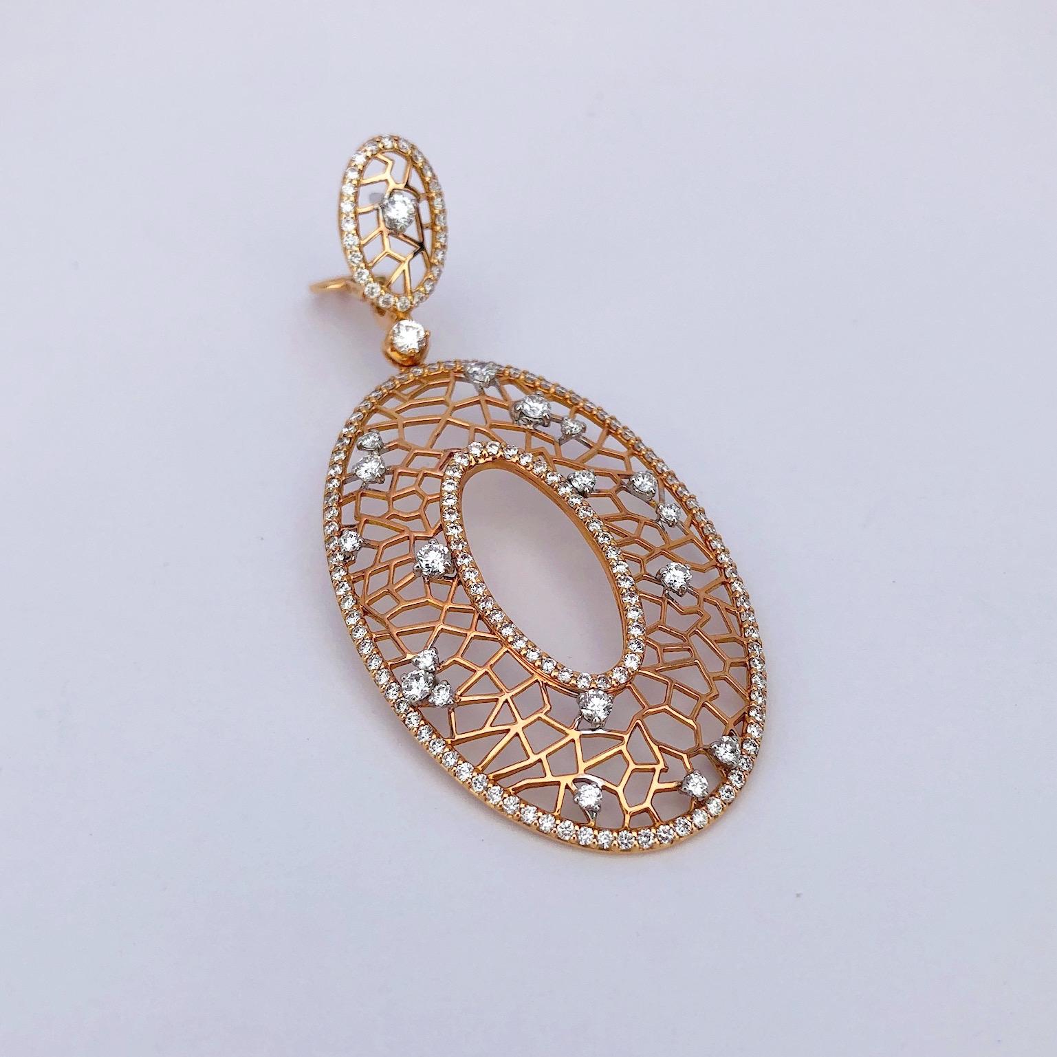Round Cut Crivelli 18 Karat Rose Gold Oval Pendant Drop Earrings with 4.91 Carat Diamonds