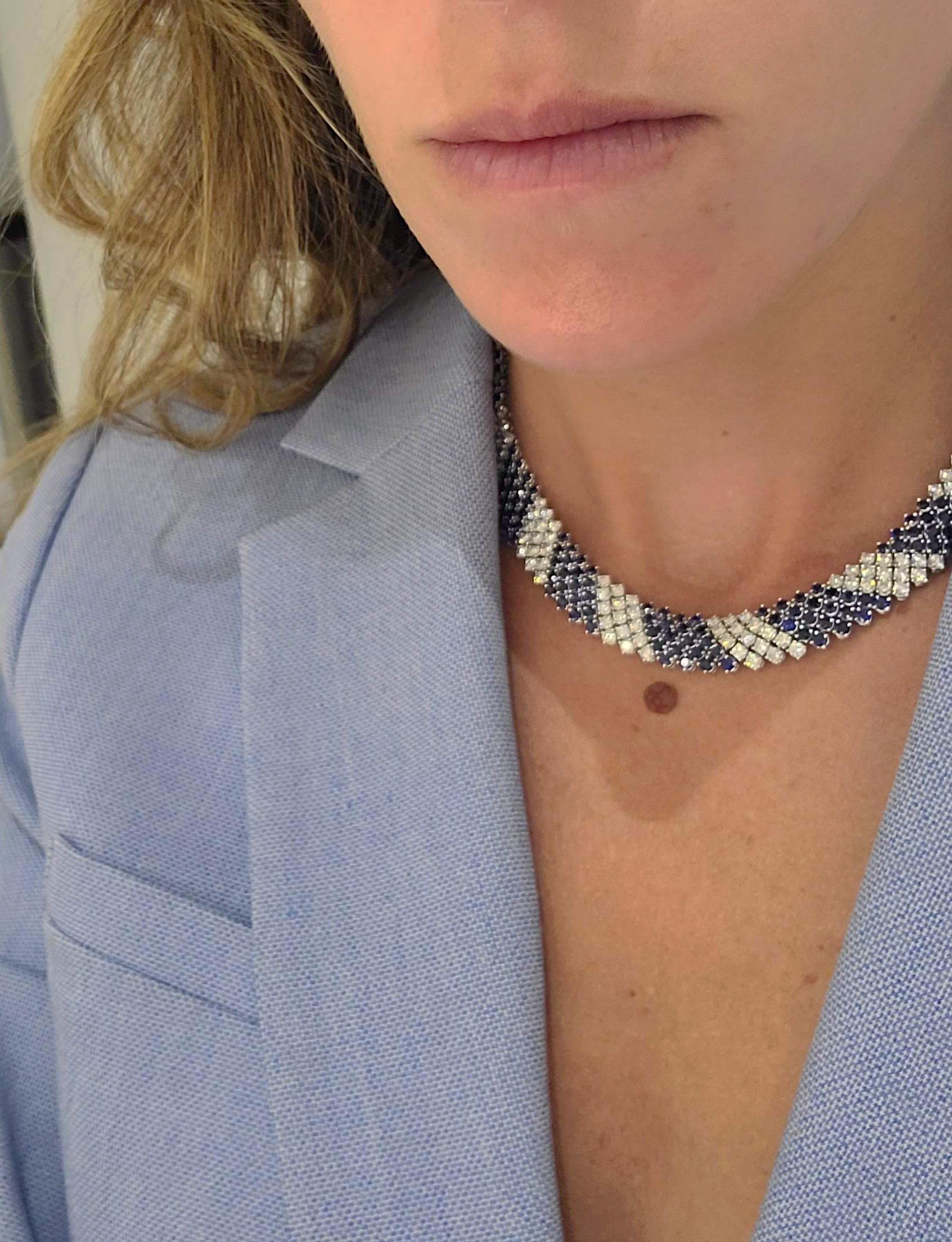 Women's or Men's Crivelli 18KT White Gold, 27.21Ct. Blue Sapphire & 13.61 Carat Diamond Necklace For Sale