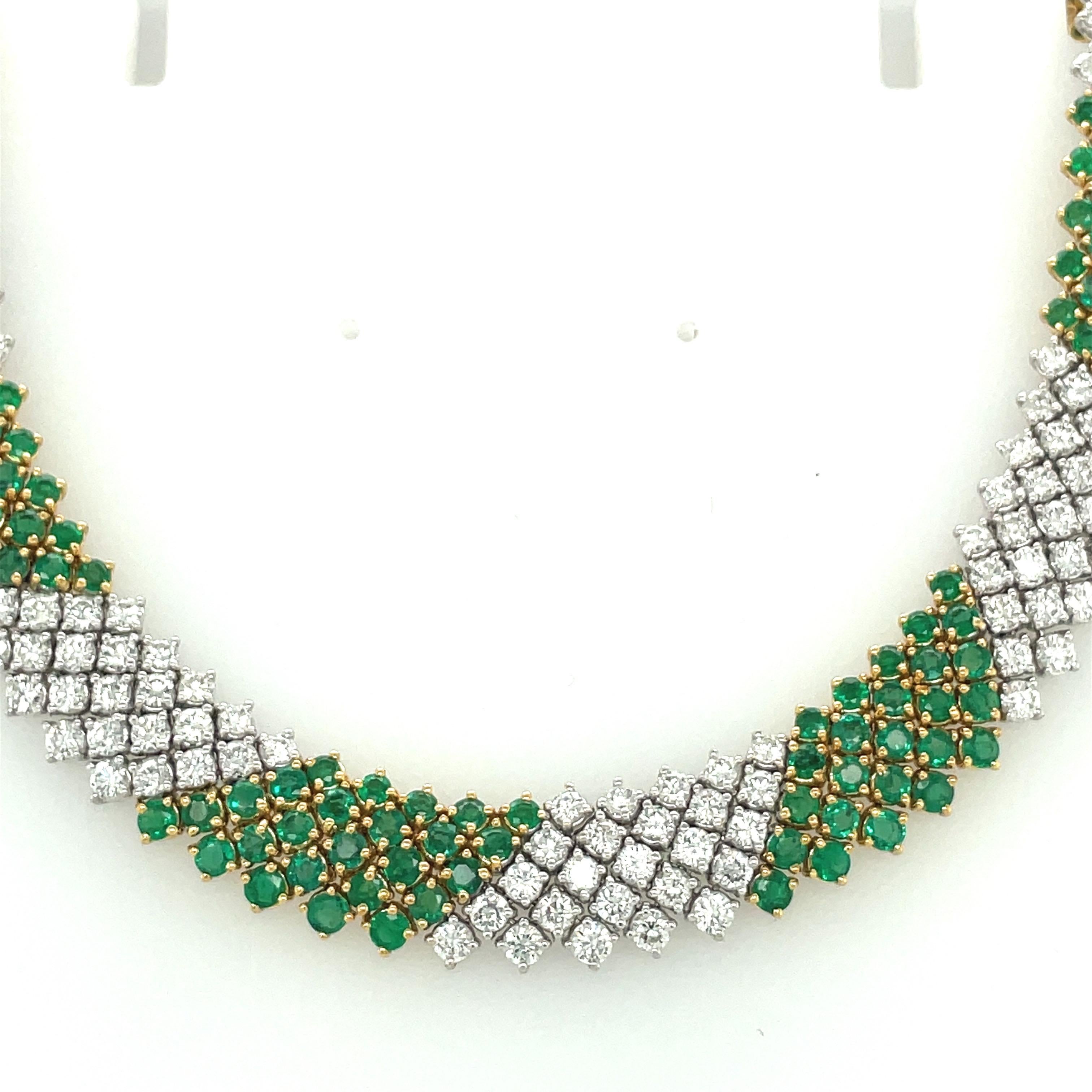 Round Cut Crivelli 18kt Yellow/ White Gold Diamond 15.20ct & Emerald 17.36ct Necklace For Sale