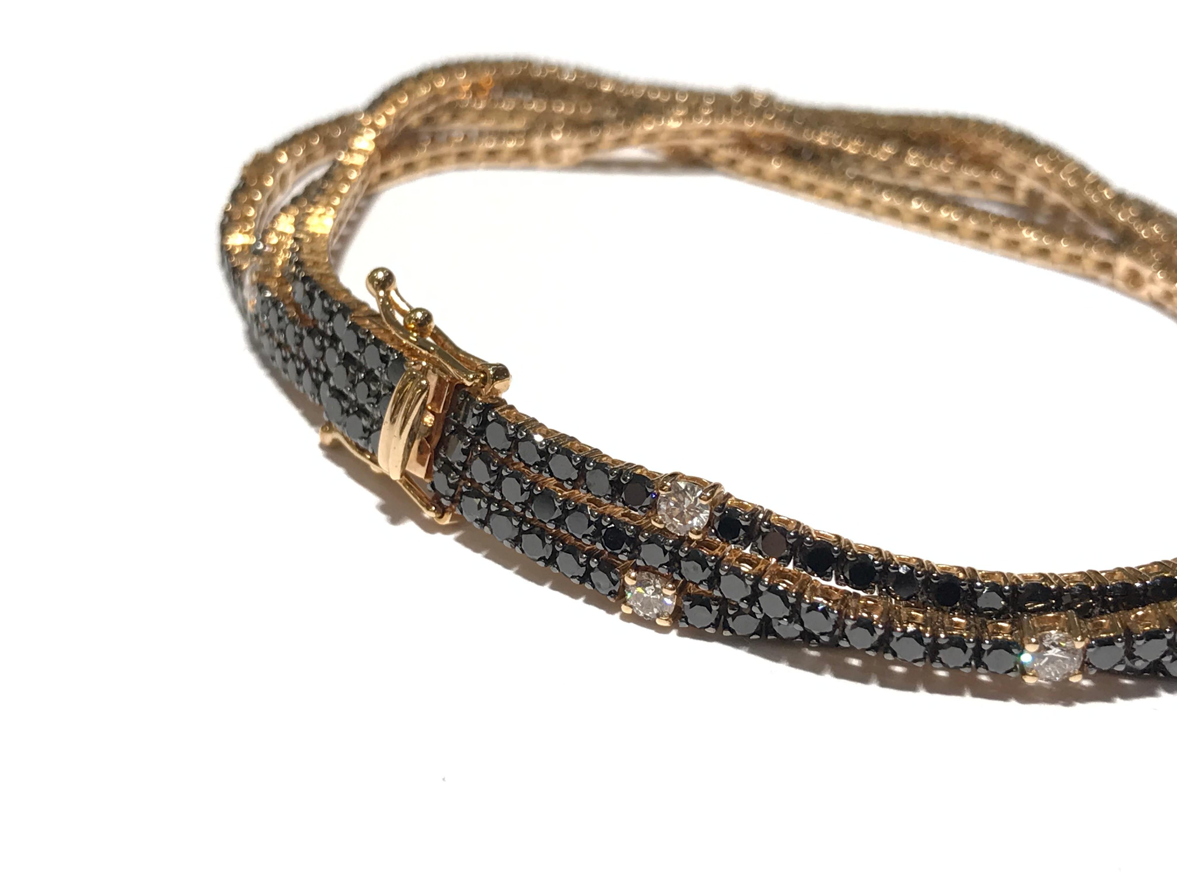 Round Cut Crivelli 3-Row Black Diamond Tennis Bracelet Set in 18 Karat Rose Gold For Sale