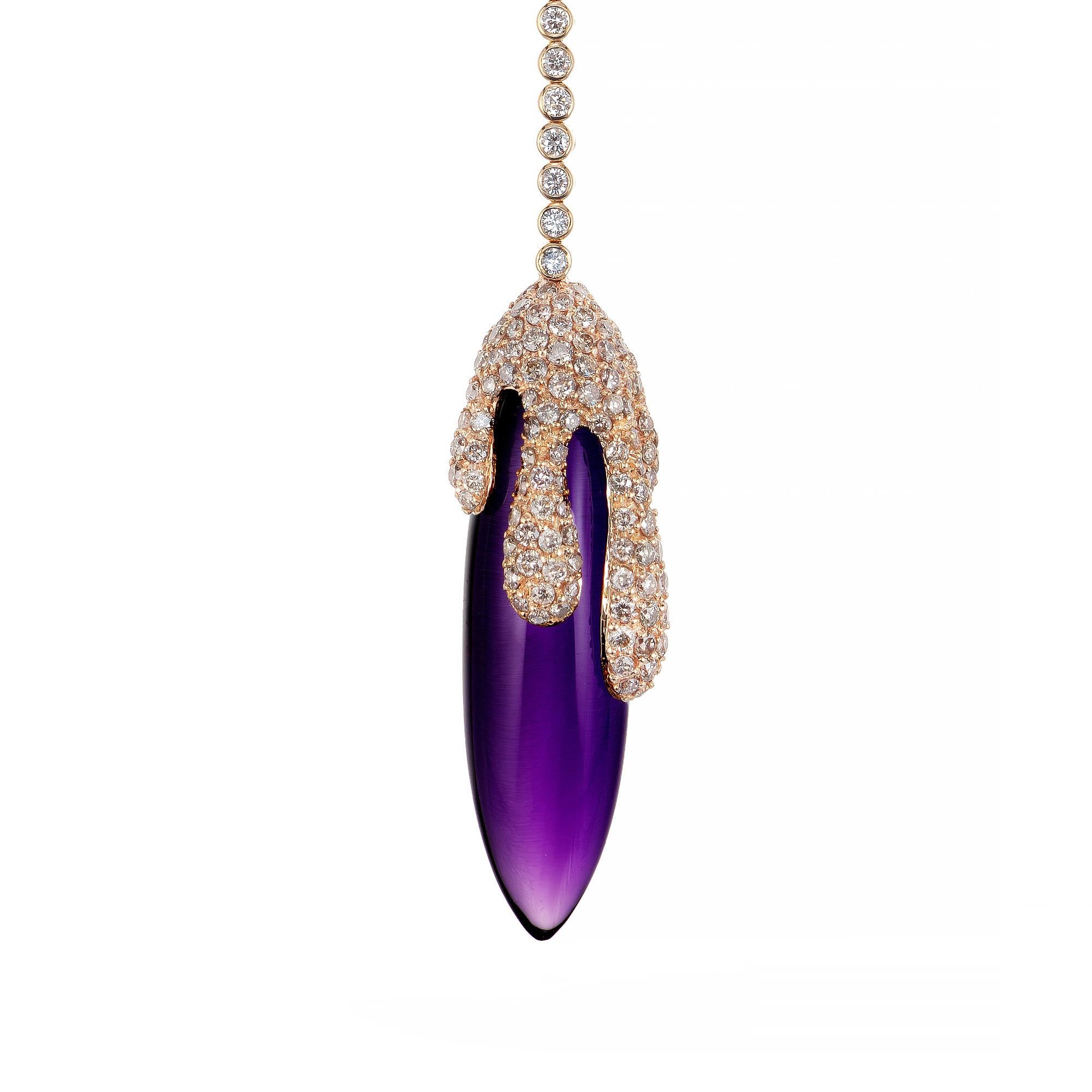 Crivelli 18k rose Gold Amethyst and diamond drop pendant necklace. 15.00cts amethyst with approximately 141 round accent diamonds. 18k rose gold. chain length is adjustable from 15.5 to 17 inches.

Amethyst 34 x 9mm, approx. total weight