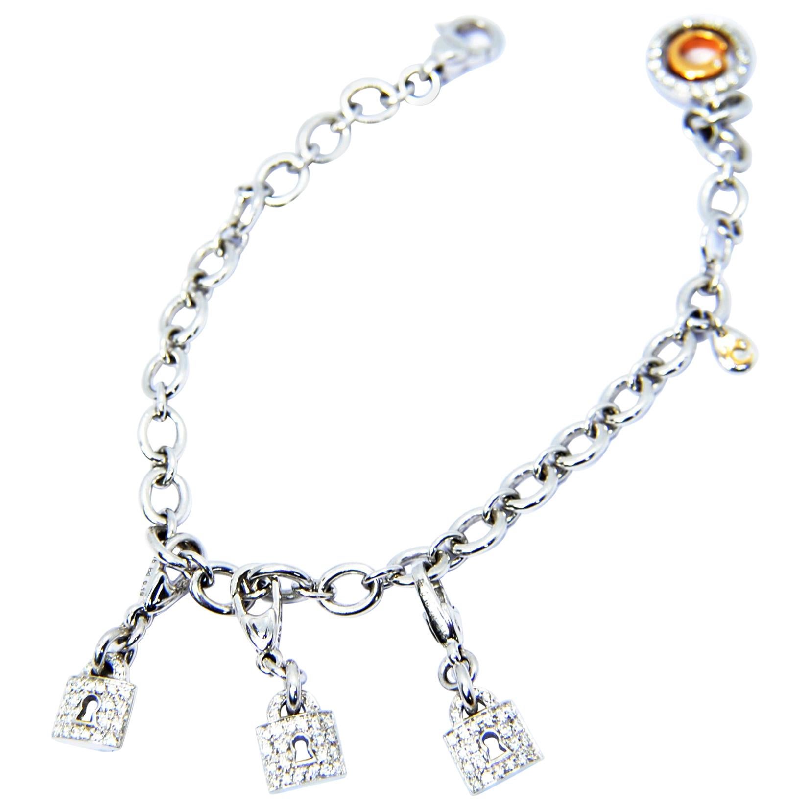 Contemporary Crivelli Lock Charm Bracelet in 18 Karat White Gold and White and Black Diamonds