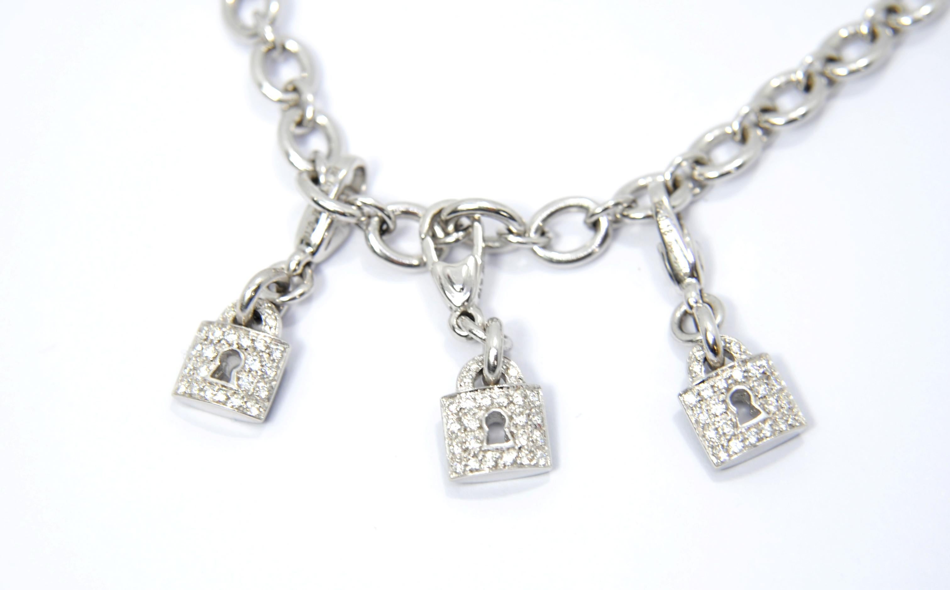 Brilliant Cut Crivelli Lock Charm Bracelet in 18 Karat White Gold and White and Black Diamonds