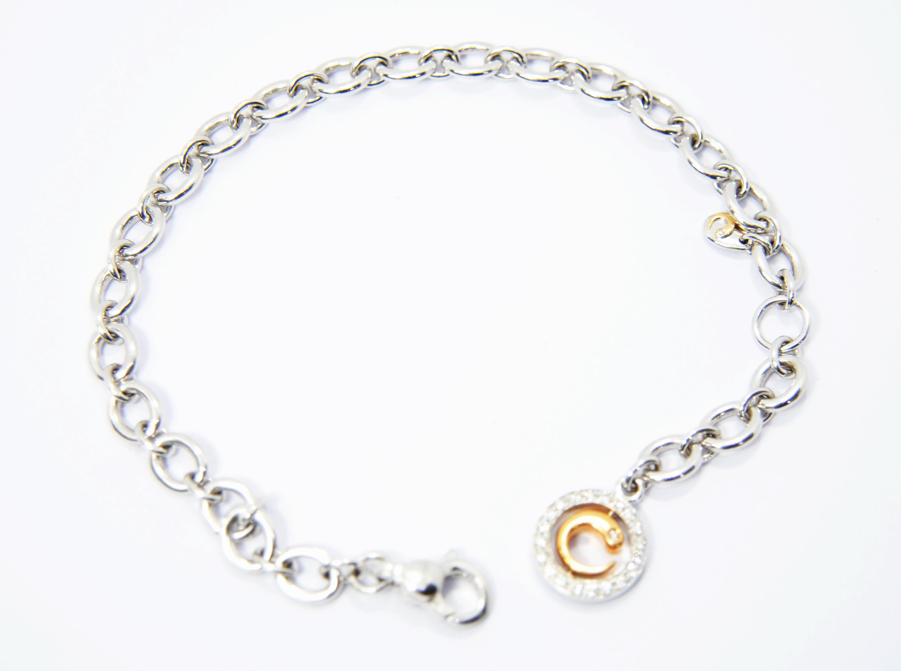 Women's or Men's Crivelli Lock Charm Bracelet in 18 Karat White Gold and White and Black Diamonds