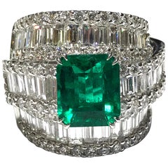 Crivelli Colombian Emerald and Diamond Ring Set in 18 Karat White Gold