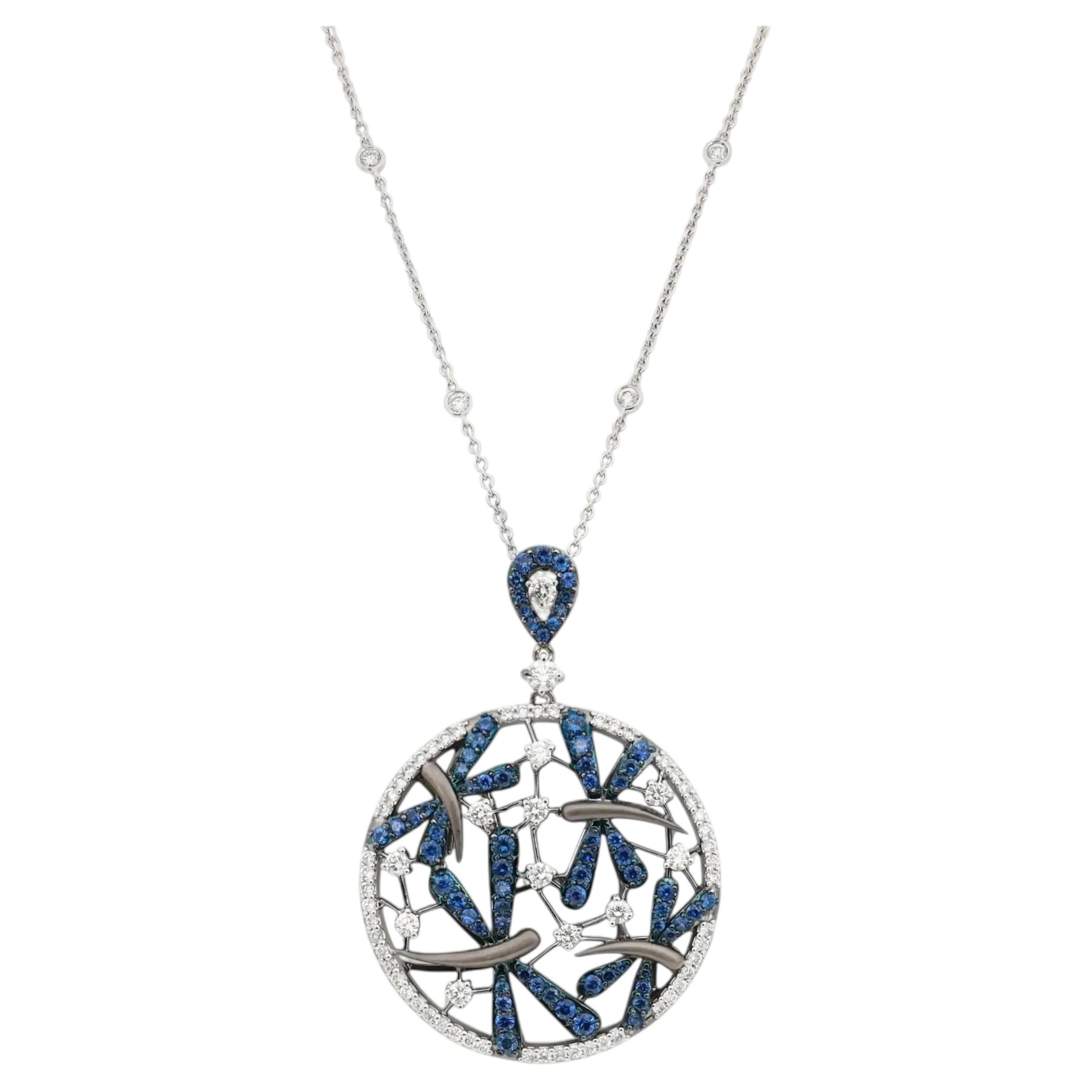 Crivelli Diamond & Blue Sapphire Circula Pendant Necklace 18K White Gold 1.33ctw