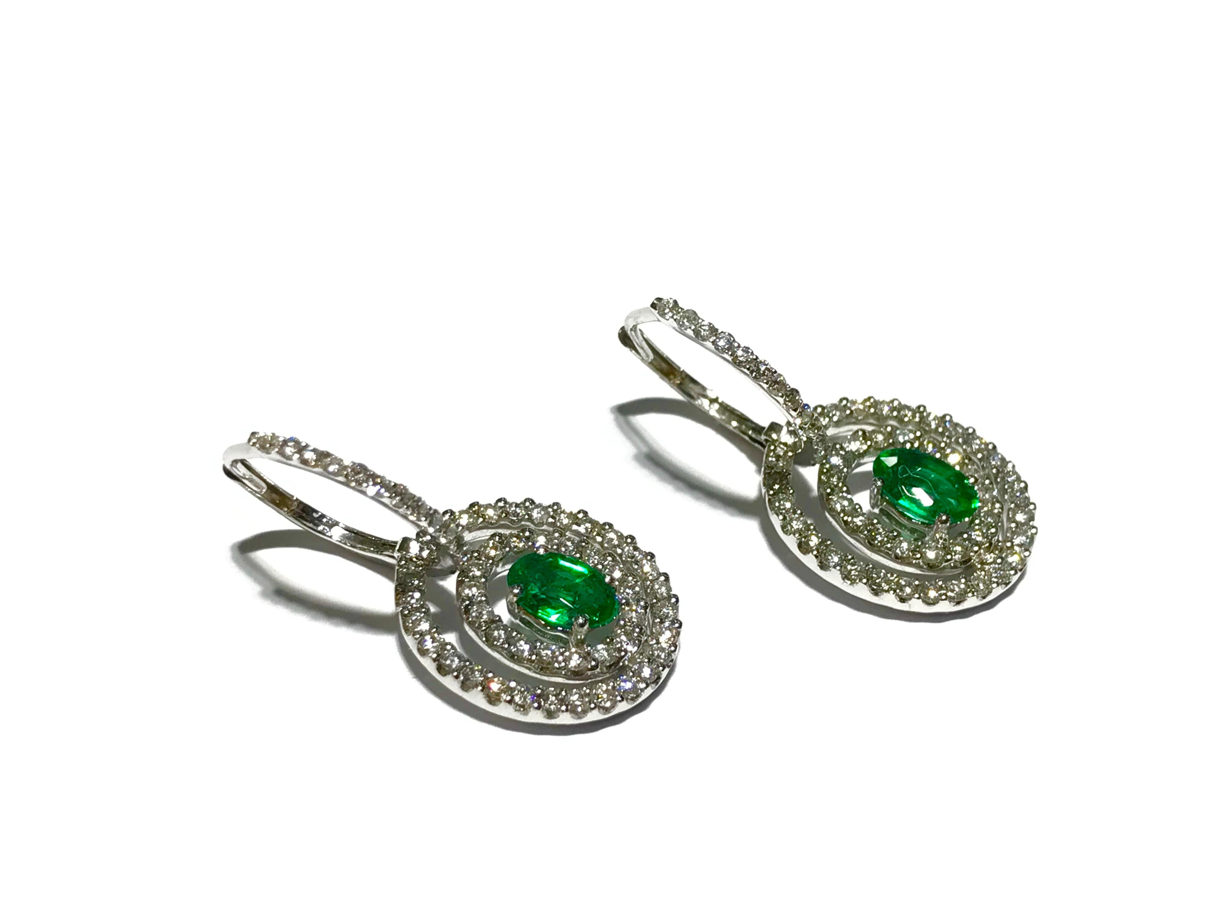 Oval Cut Crivelli Emerald and Diamond Earrings Drop Style in 18 Karat White Gold For Sale