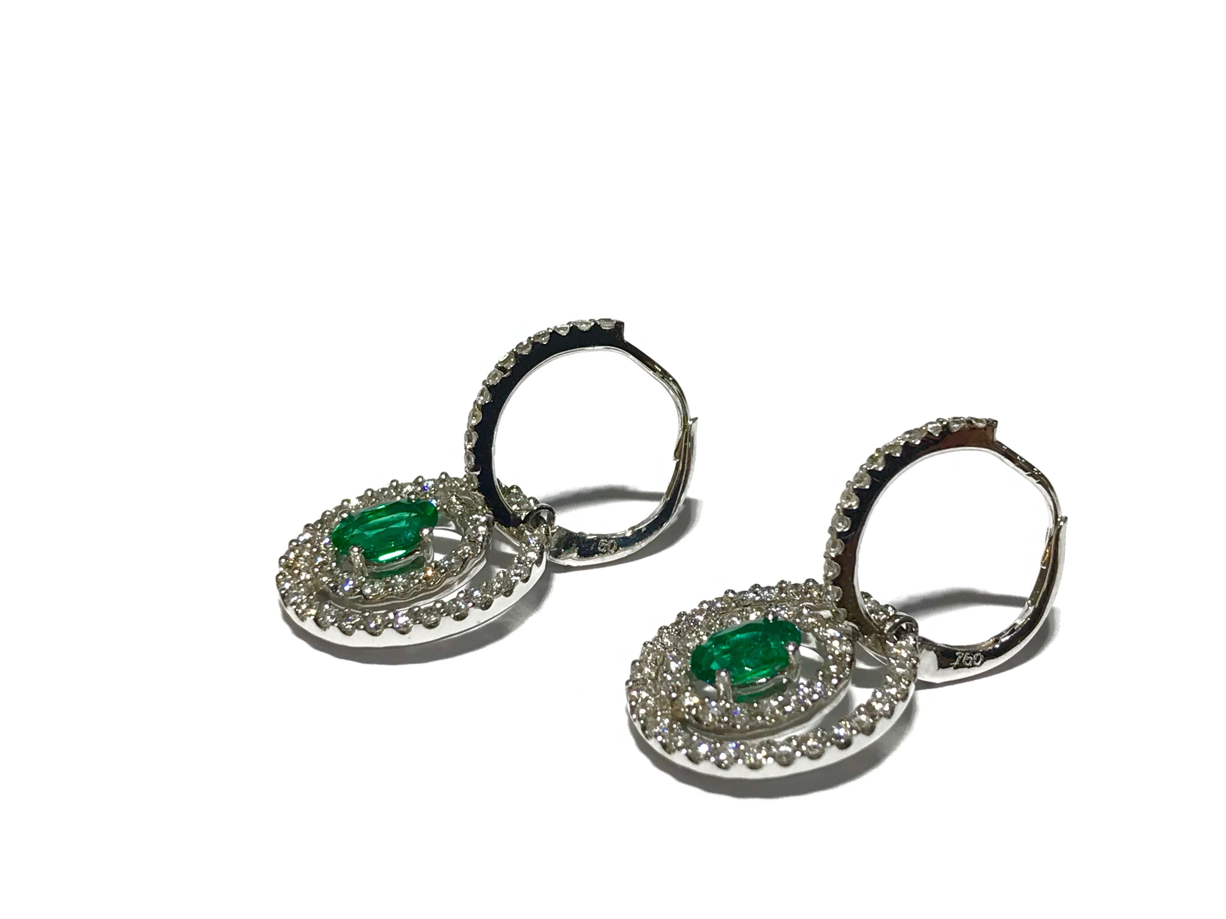 Crivelli Emerald and Diamond Earrings Drop Style in 18 Karat White Gold In New Condition For Sale In Toronto, Ontario