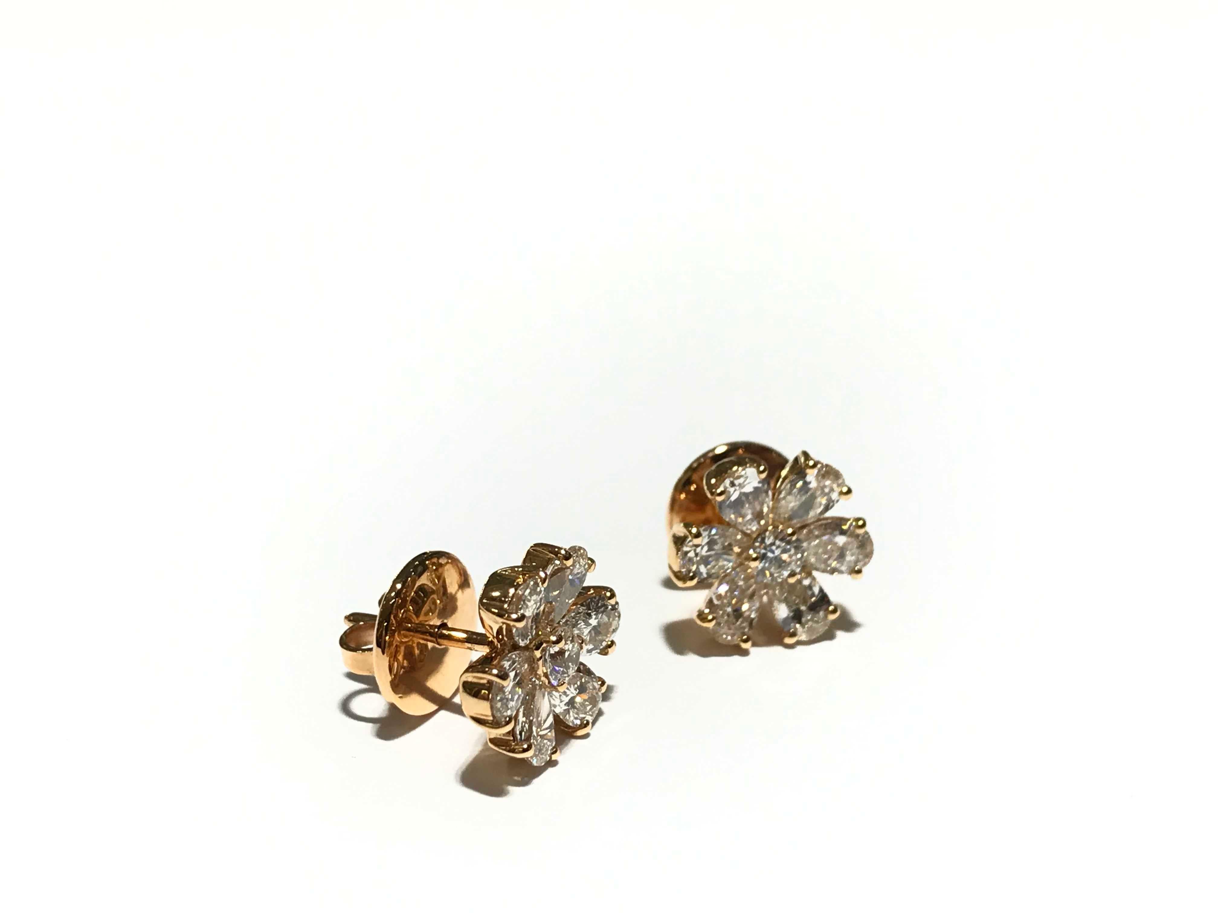 Pear Cut Crivelli Flower Diamond Earrings Set in 18 Karat Pink Gold with White Diamonds For Sale