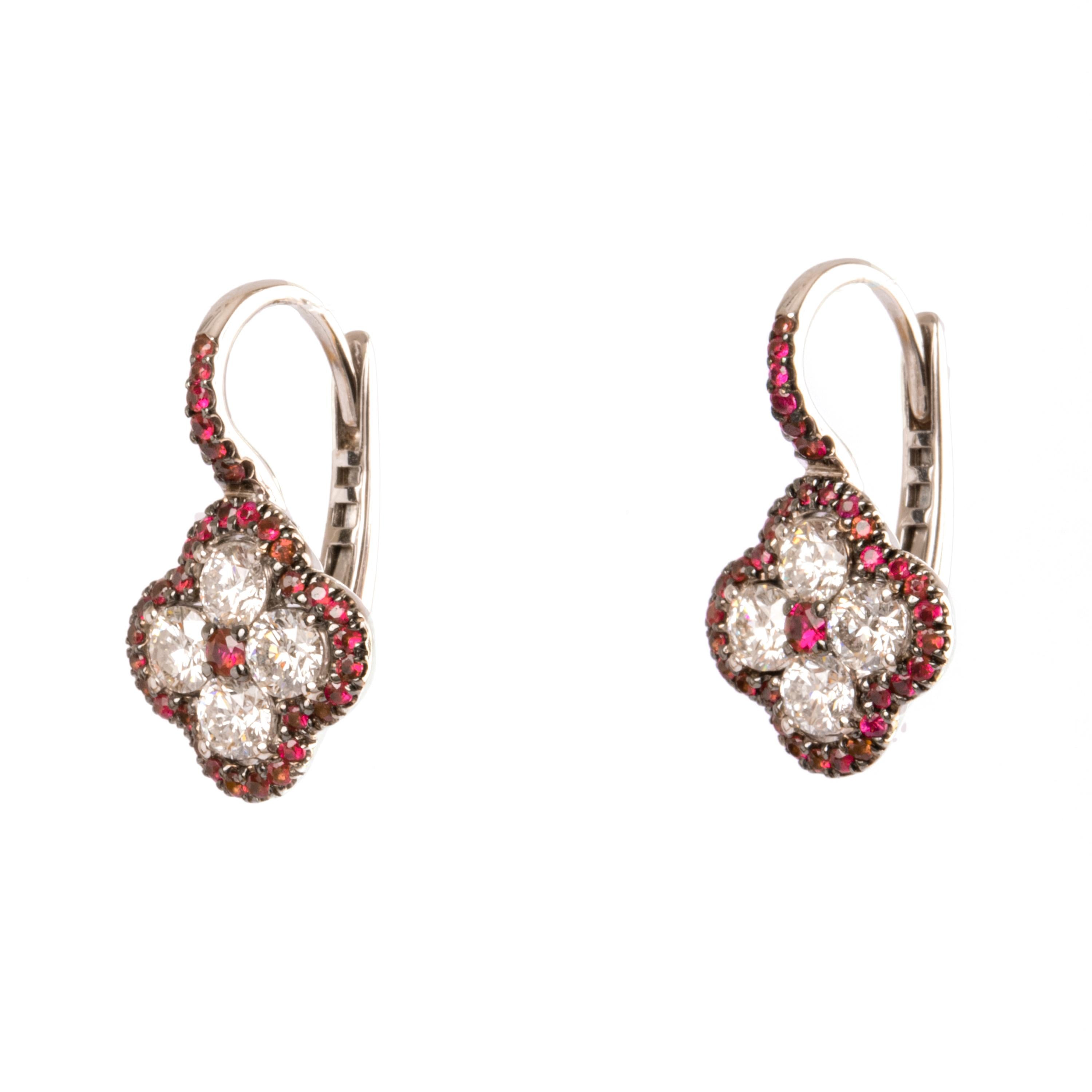 These lovely earrings made from Crivelli are a nice four-leaf clover earrings. They feature 1.31 carat white brilliant cut Diamonds and 0.63 carat Rubies.

These earrings are simple enough or daytime wear and beautiful enough for a special event. 