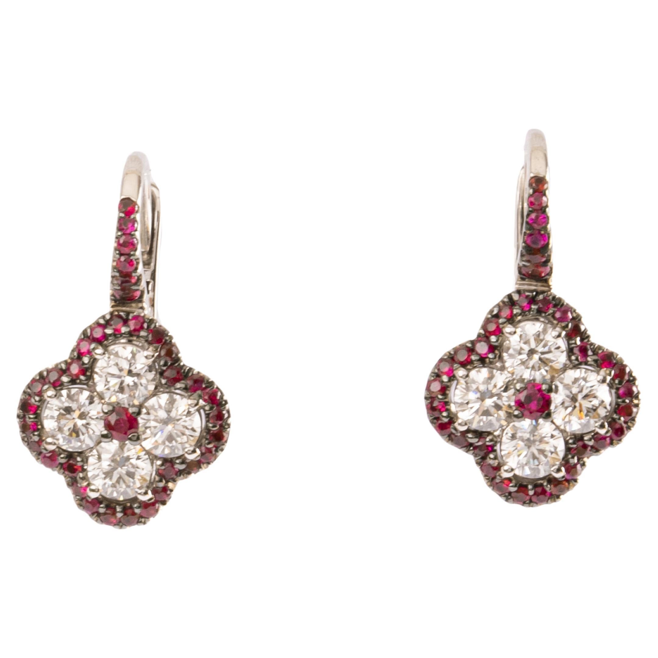 Crivelli Four-Leaf Clover White Gold Brilliant and Rubies Earrings For Sale