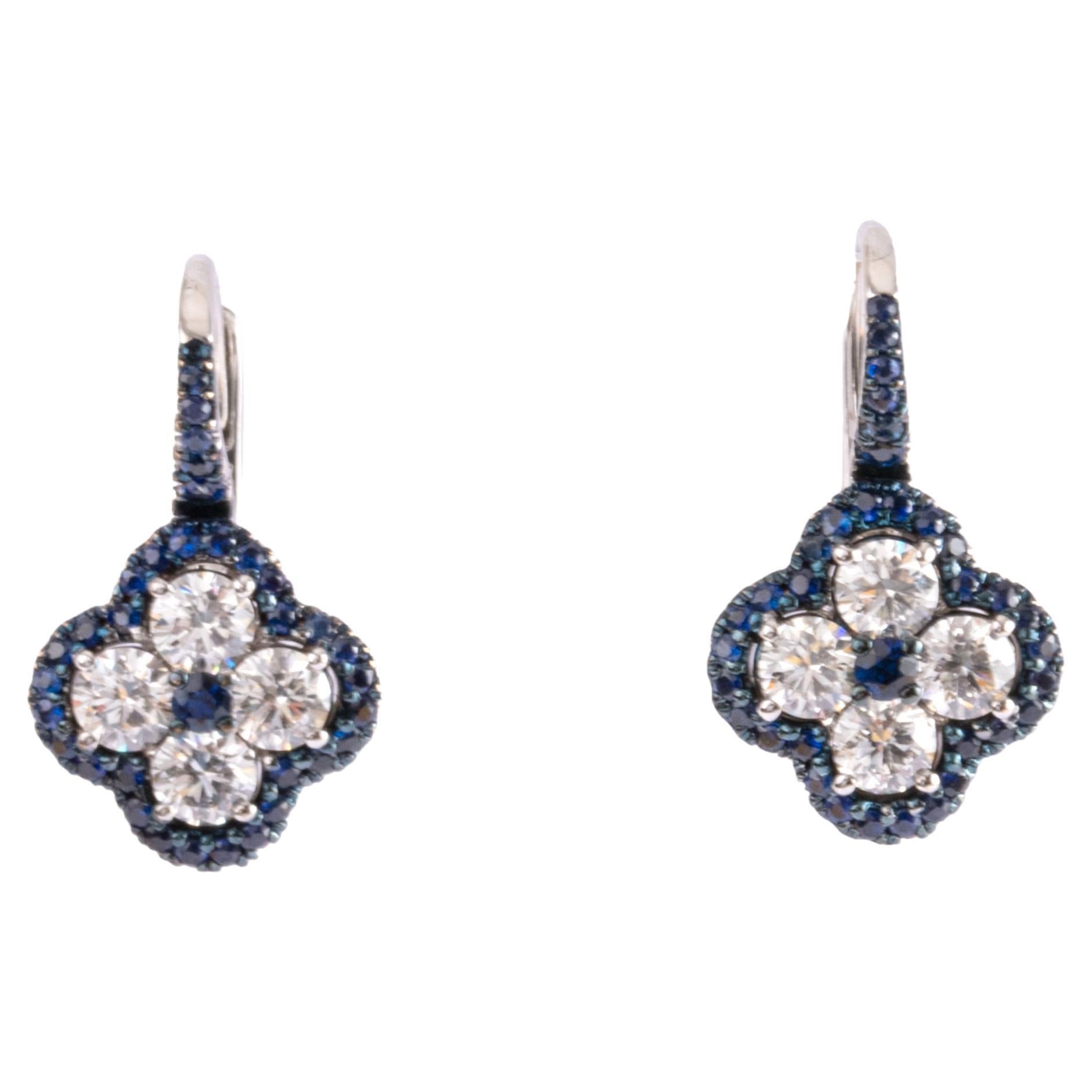 Crivelli Four-Leaf Clover White Gold Brilliant and Sapphire Earrings For Sale