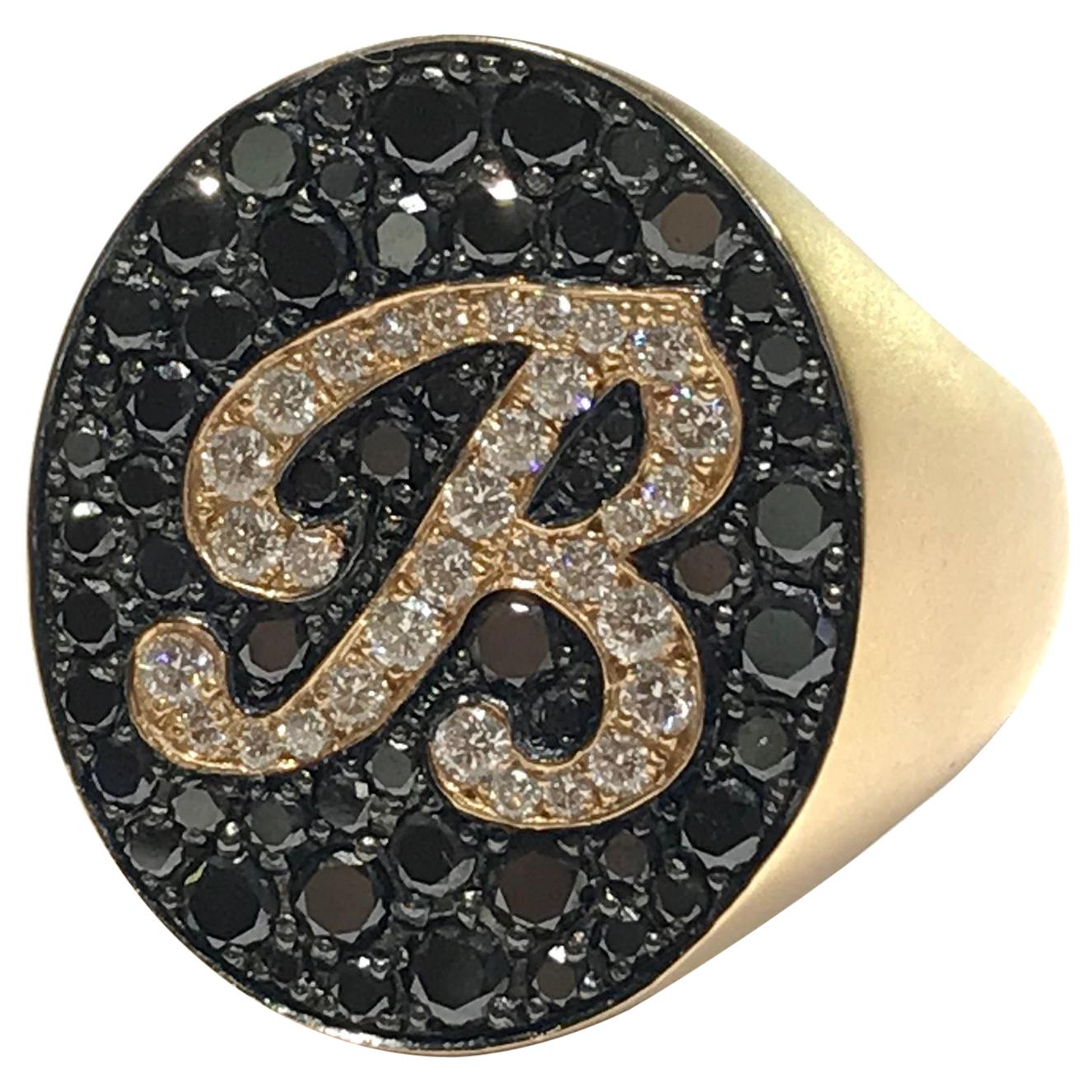 Crivelli Italian Made Black and White Diamond B Ring in 18 Carat R/G For Sale