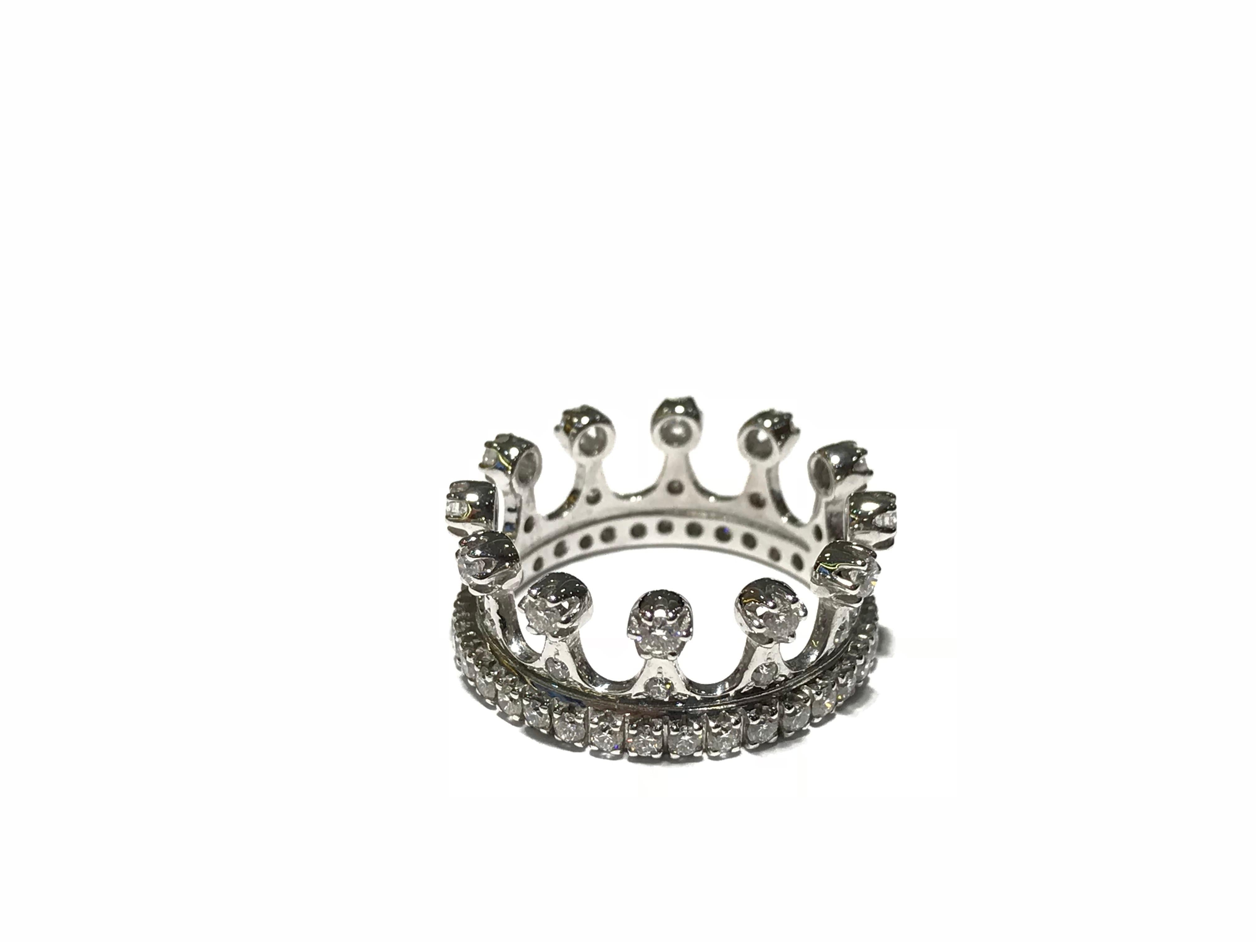 Round Cut Crivelli Italian Made Crown Ring with Diamonds in 18 Carat White Gold For Sale
